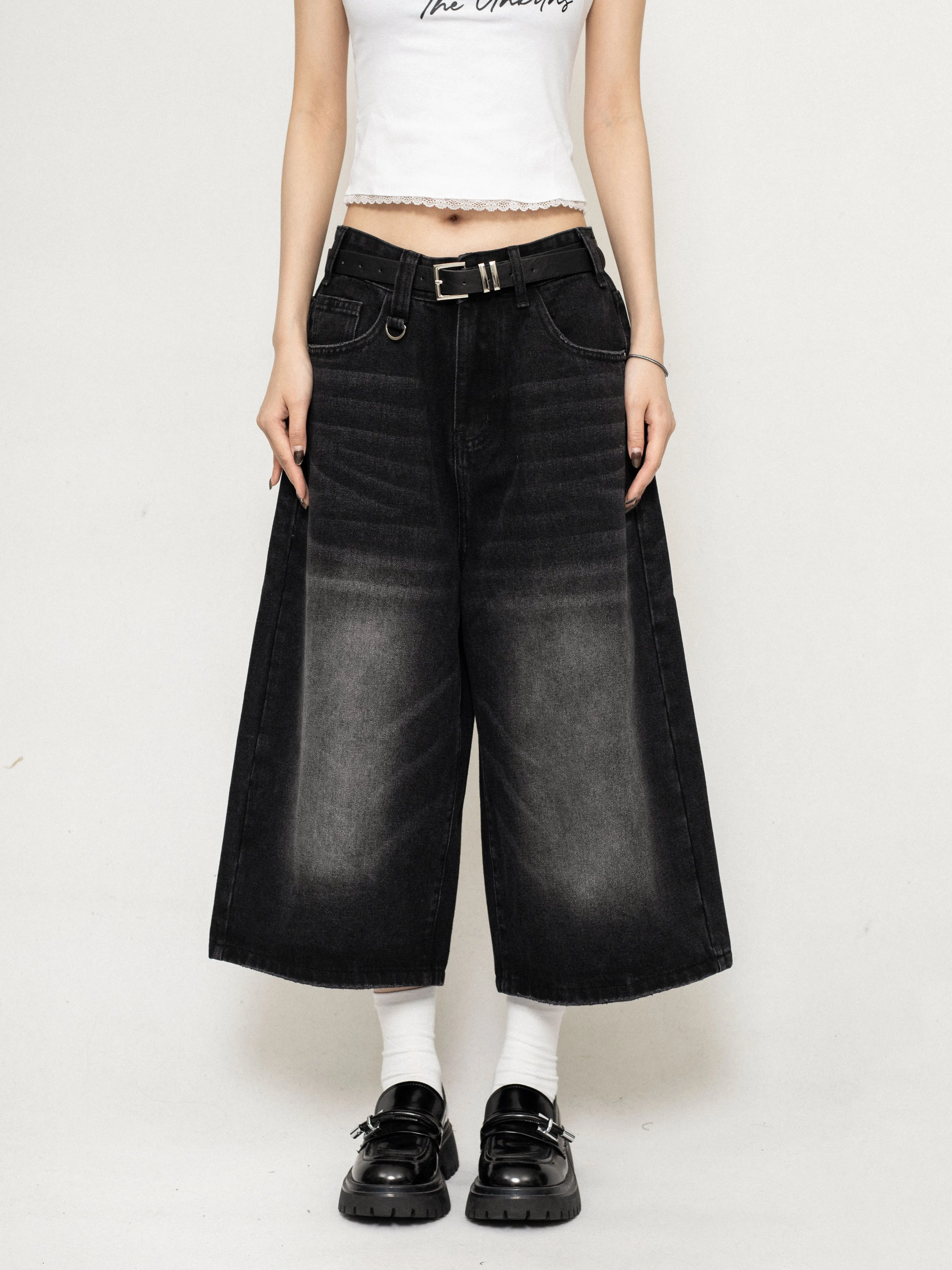 Wide-Leg Denim Bermuda Long Jorts with Faded Wash - Image 7