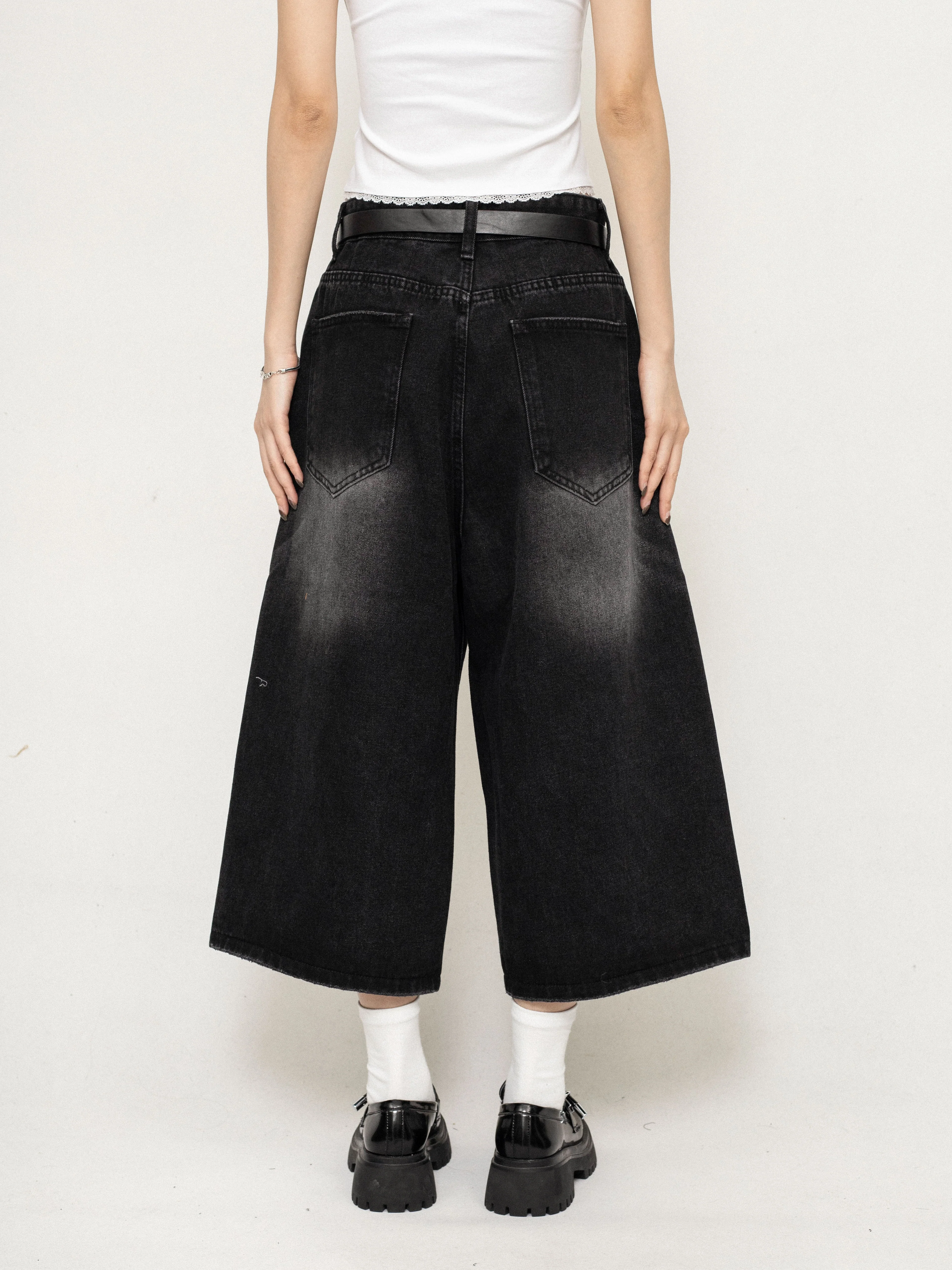 Wide-Leg Denim Bermuda Long Jorts with Faded Wash - Image 9