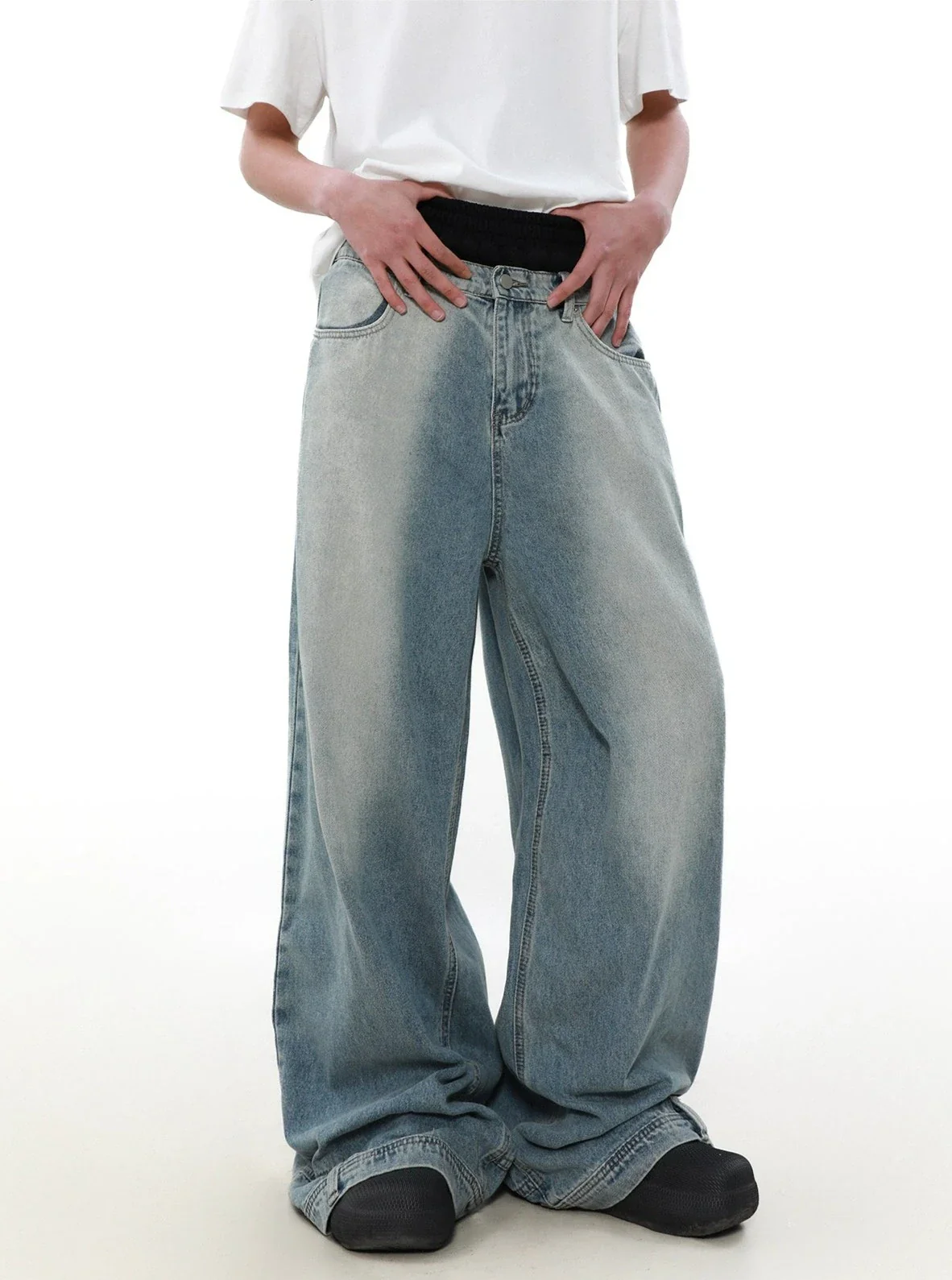 Wide Leg Denim Upside-Down Effect Jeans with Contrast Stitching - Image 4