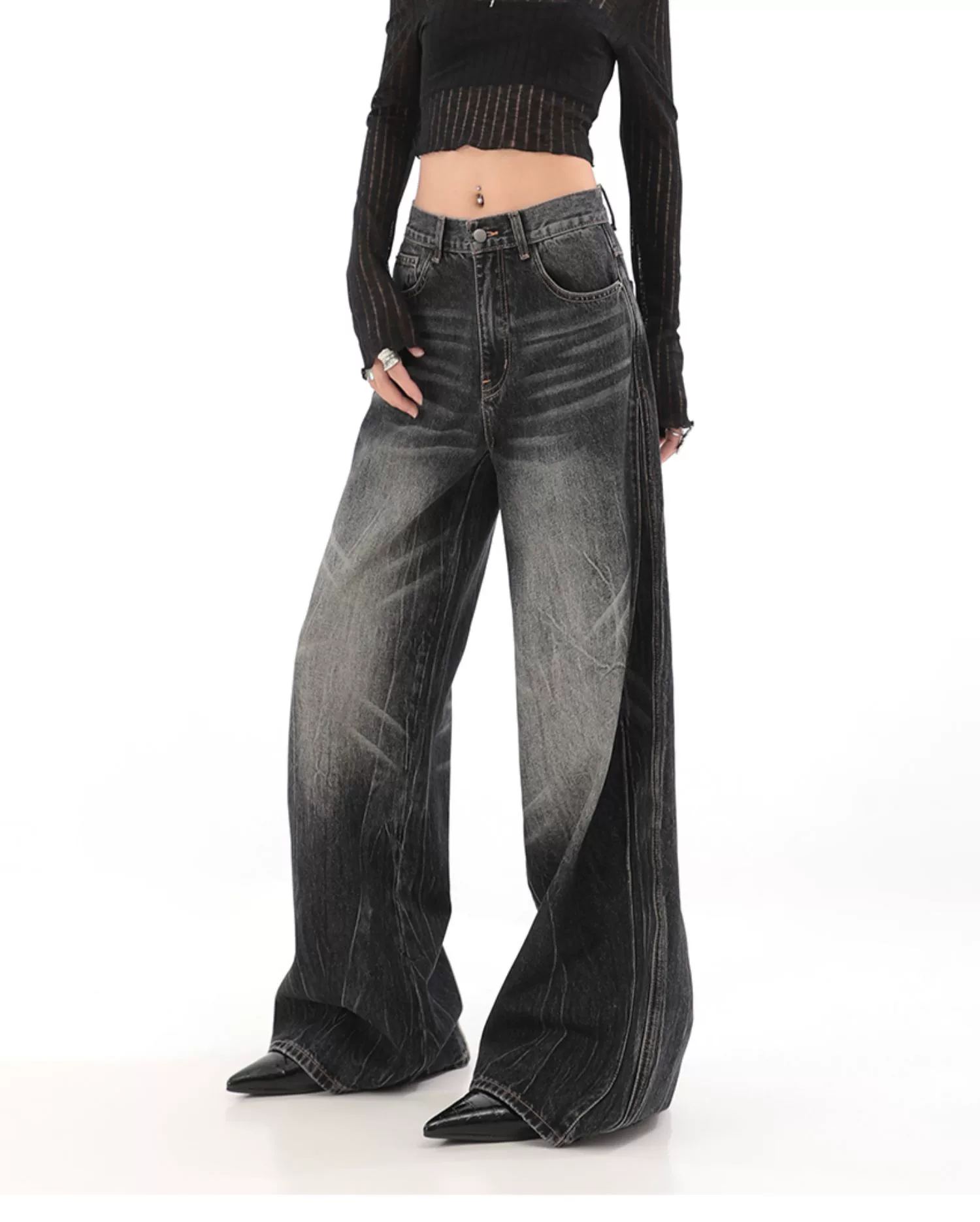 Wide-Leg Denim Vintage Wash Jeans - Image 4