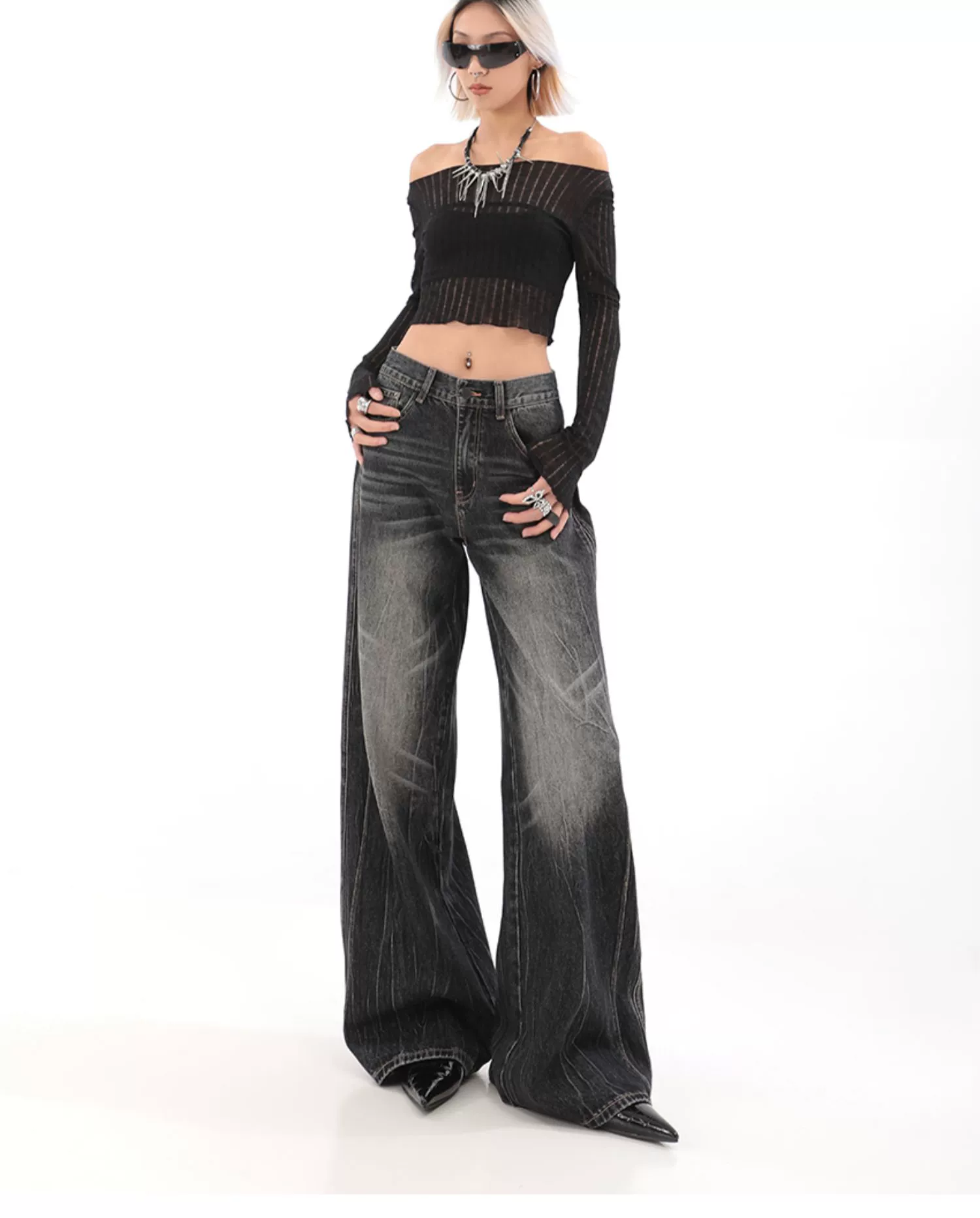 Wide-Leg Denim Vintage Wash Jeans - Image 8