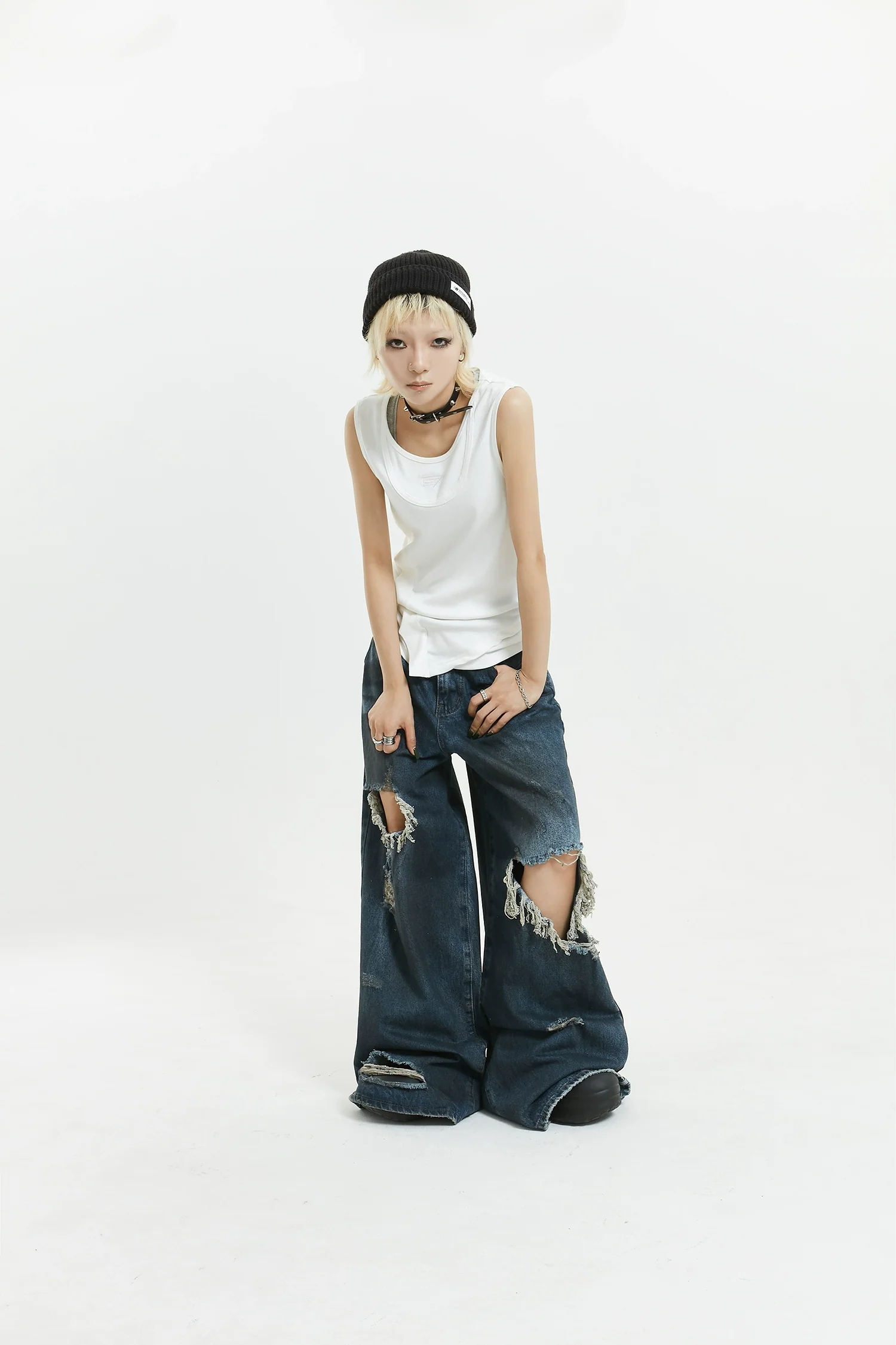 Wide-Leg Distressed Knee-Blown Denim Jeans - Image 5