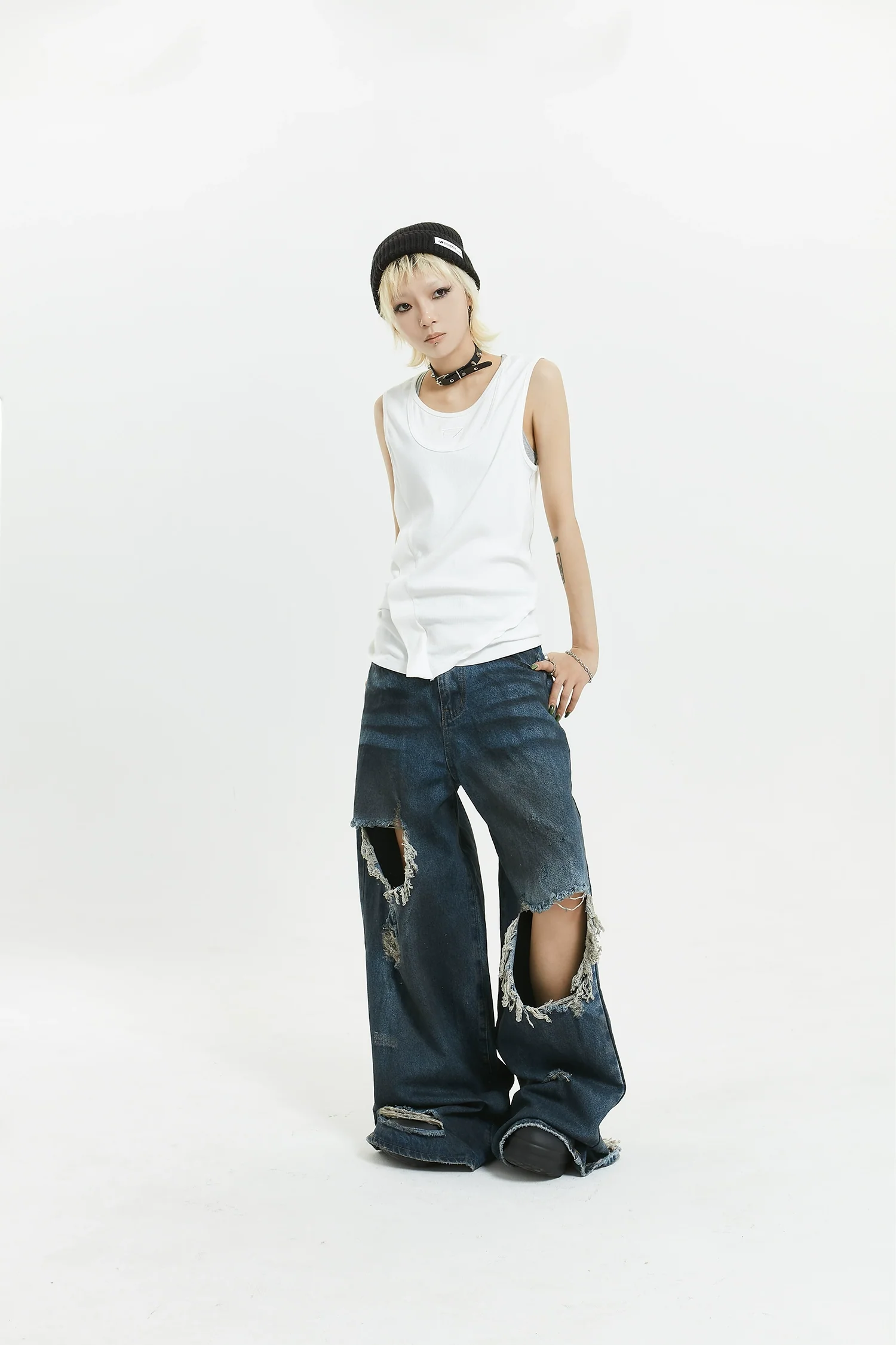 Wide-Leg Distressed Knee-Blown Denim Jeans - Image 7