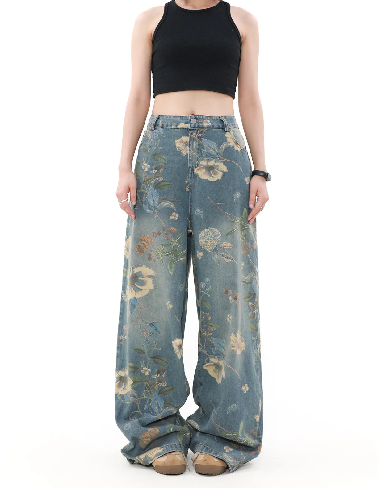Wide Leg Floral Print Denim Pants - Image 2