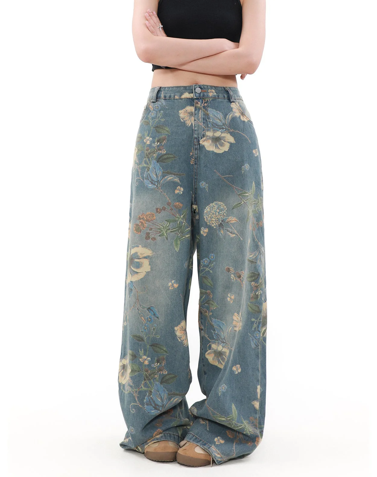 Wide Leg Floral Print Denim Pants - Image 3