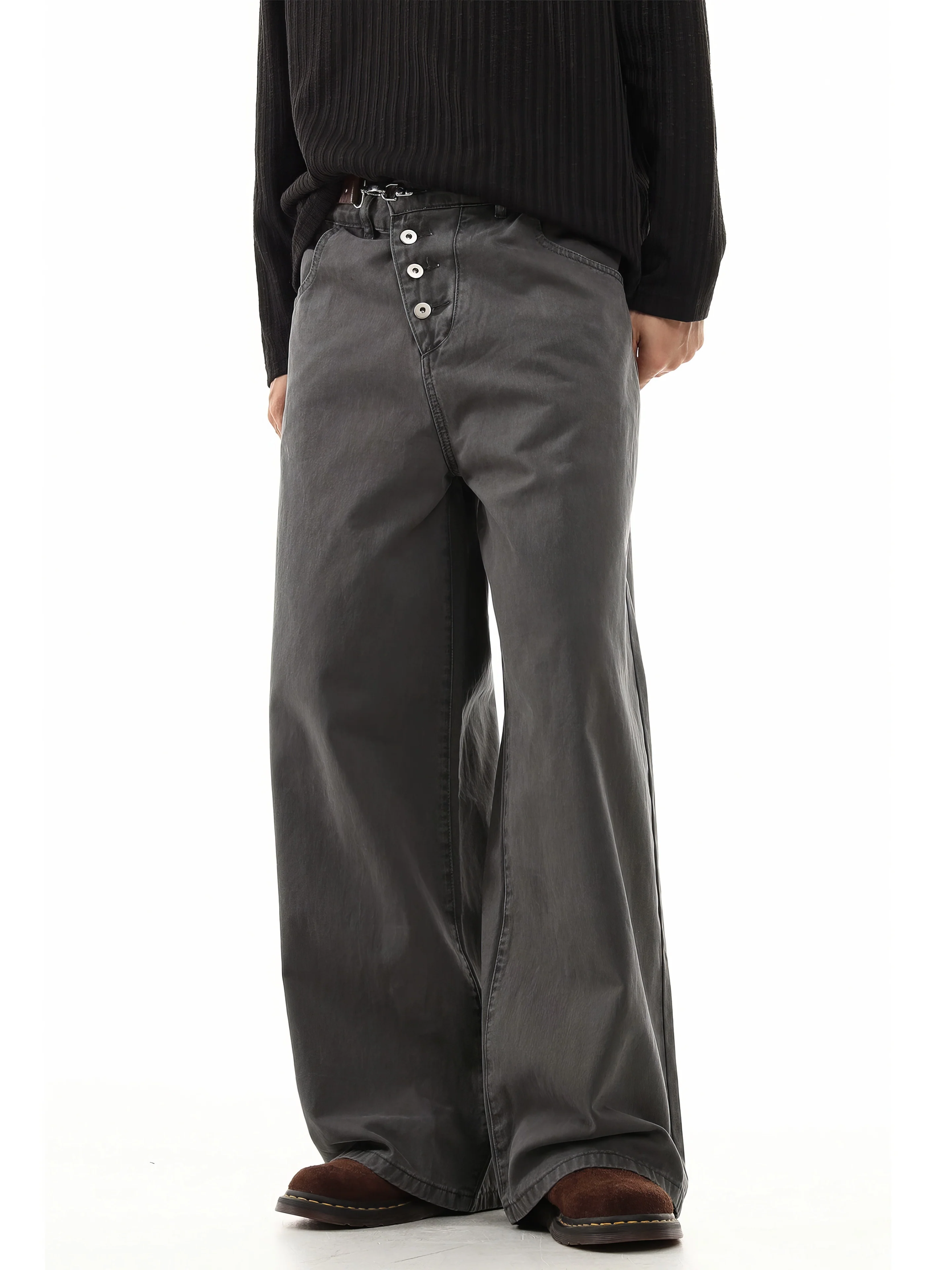 Wide Leg Jeans with Diagonal Button Closure and Metal Clasp - Image 6