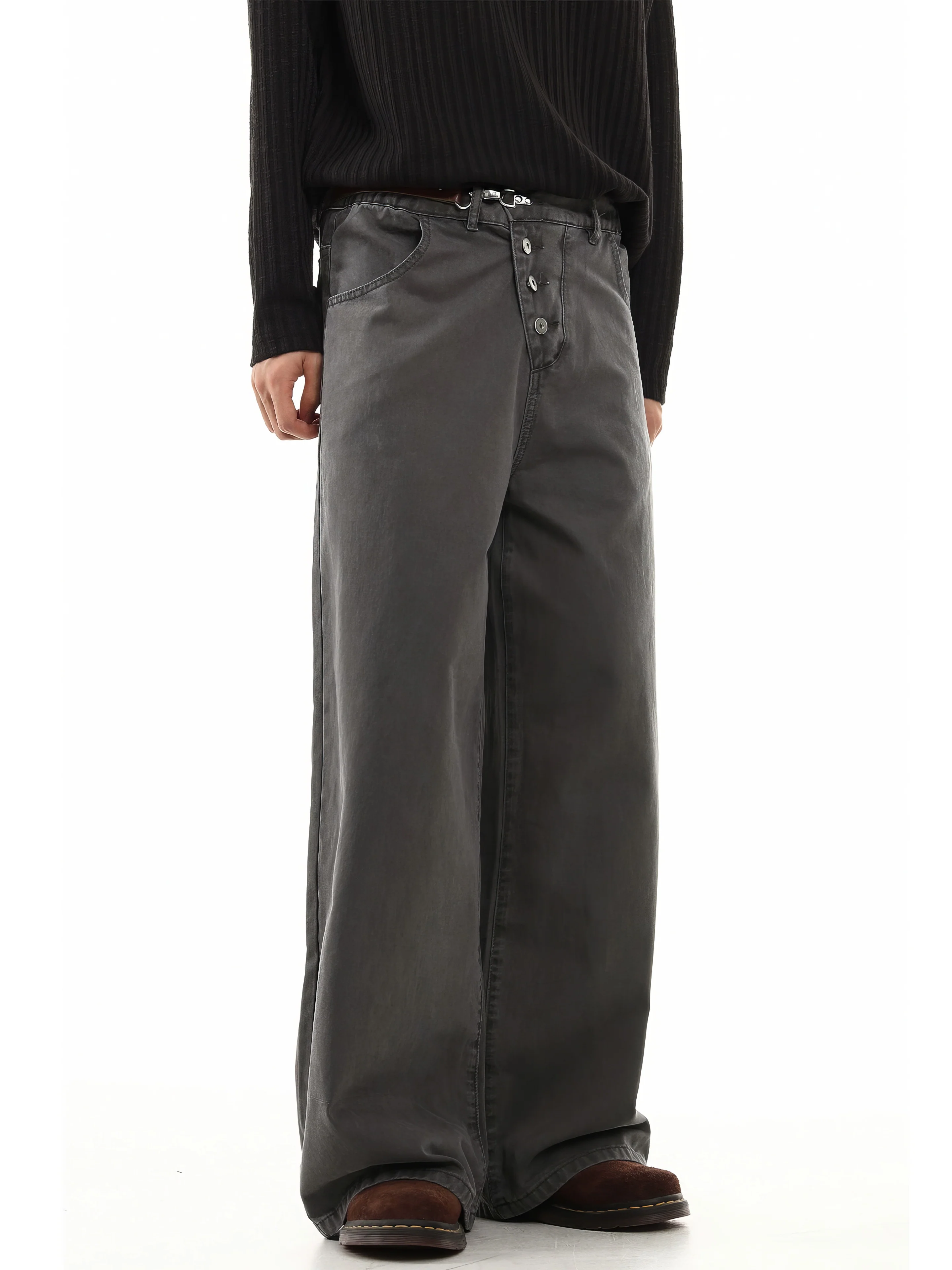 Wide Leg Jeans with Diagonal Button Closure and Metal Clasp - Image 8