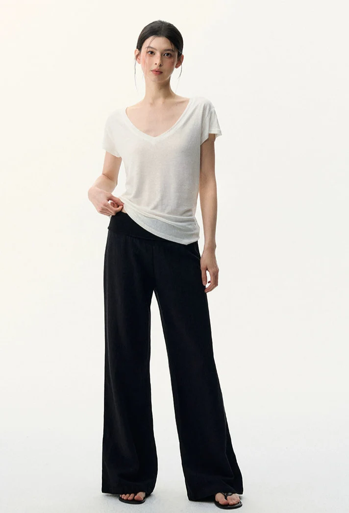 Wide Leg Lightweight Drape Pants with Folded Waistband - Image 10