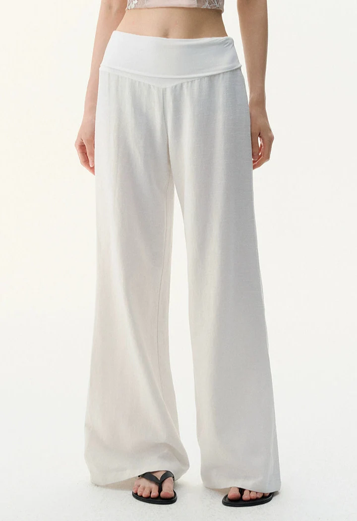 Wide Leg Lightweight Drape Pants with Folded Waistband - Image 3