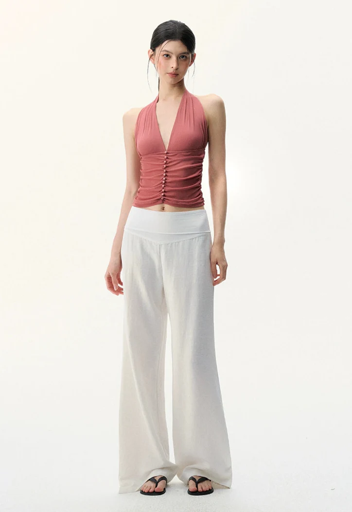 Wide Leg Lightweight Drape Pants with Folded Waistband - Image 4