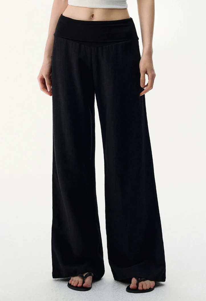 Wide Leg Lightweight Drape Pants with Folded Waistband - Image 7