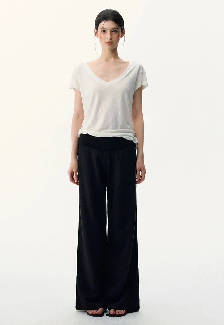 Wide Leg Lightweight Drape Pants with Folded Waistband - Image 9