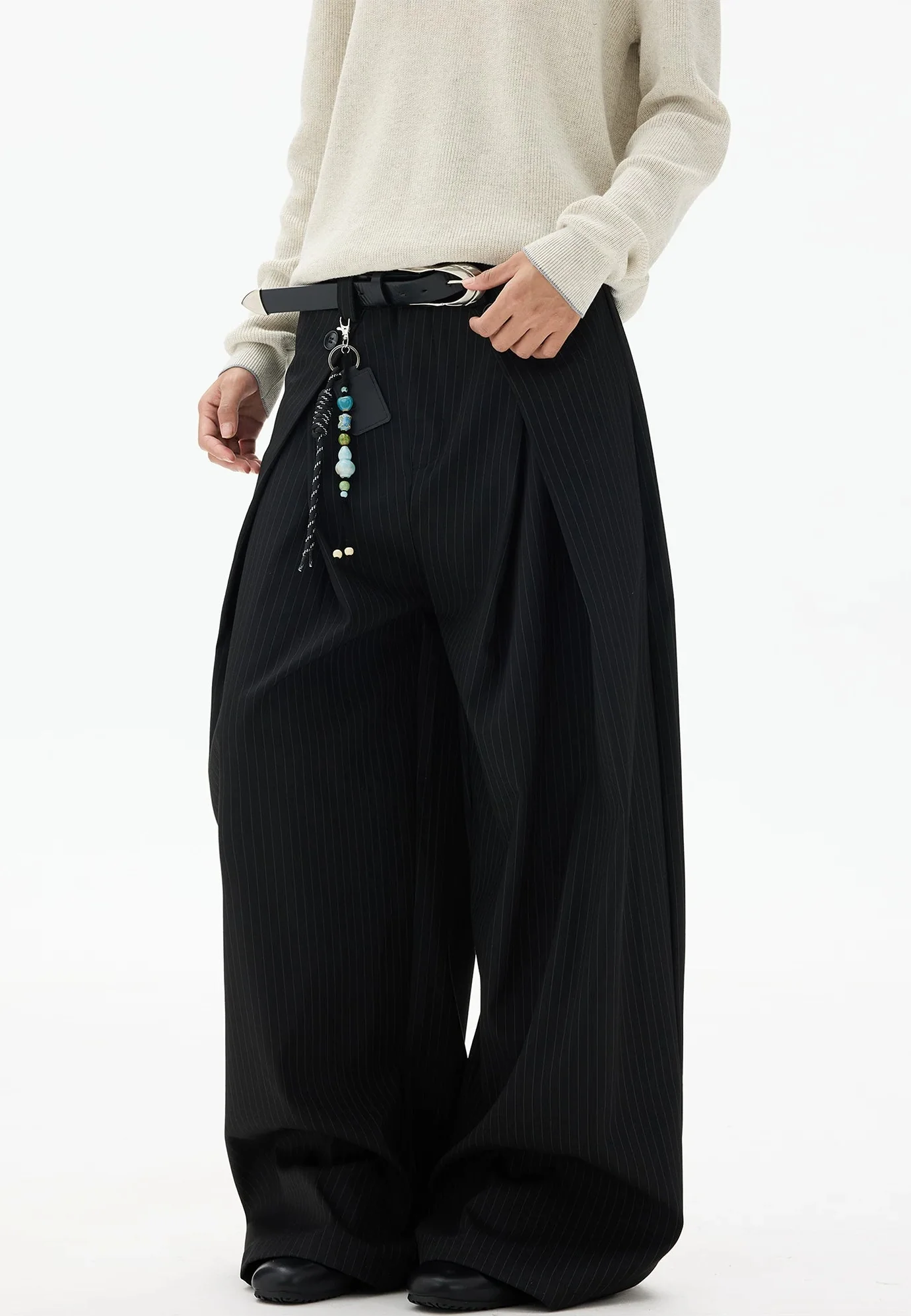Wide Leg Pinstripe Draped Double-Pleated Trousers - Image 3