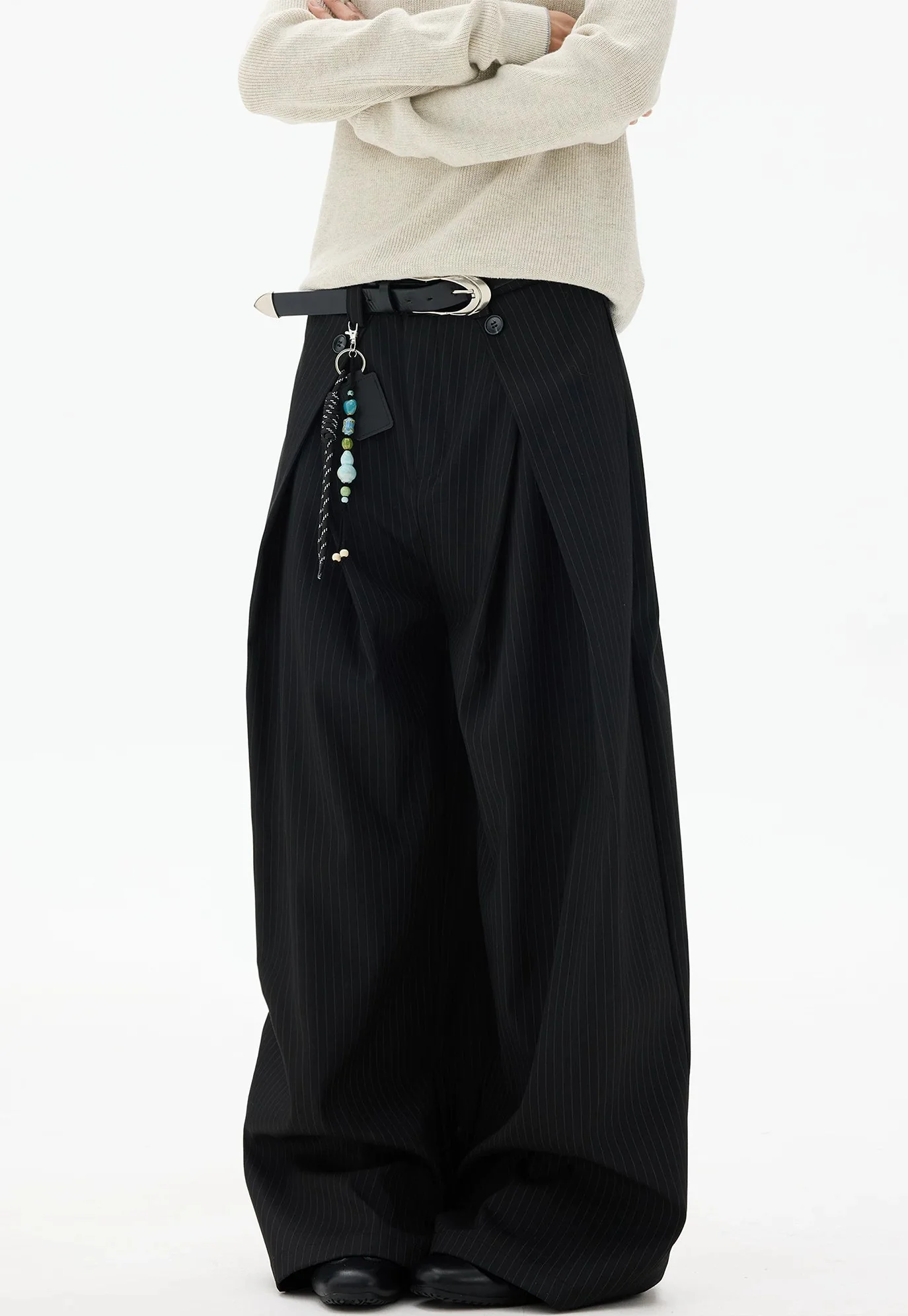 Wide Leg Pinstripe Draped Double-Pleated Trousers - Image 4