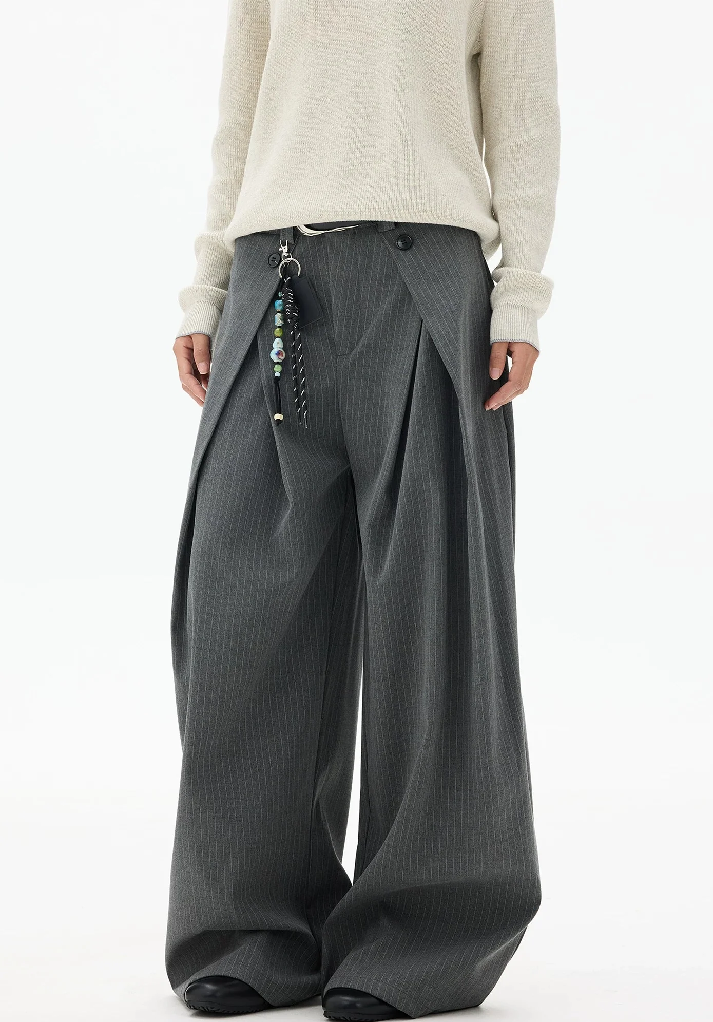 Wide Leg Pinstripe Draped Double-Pleated Trousers - Image 7