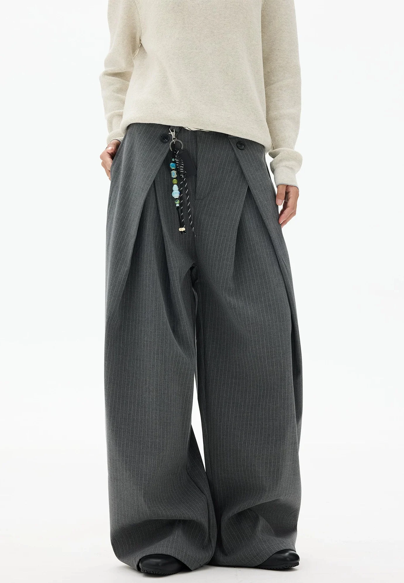 Wide Leg Pinstripe Draped Double-Pleated Trousers - Image 9