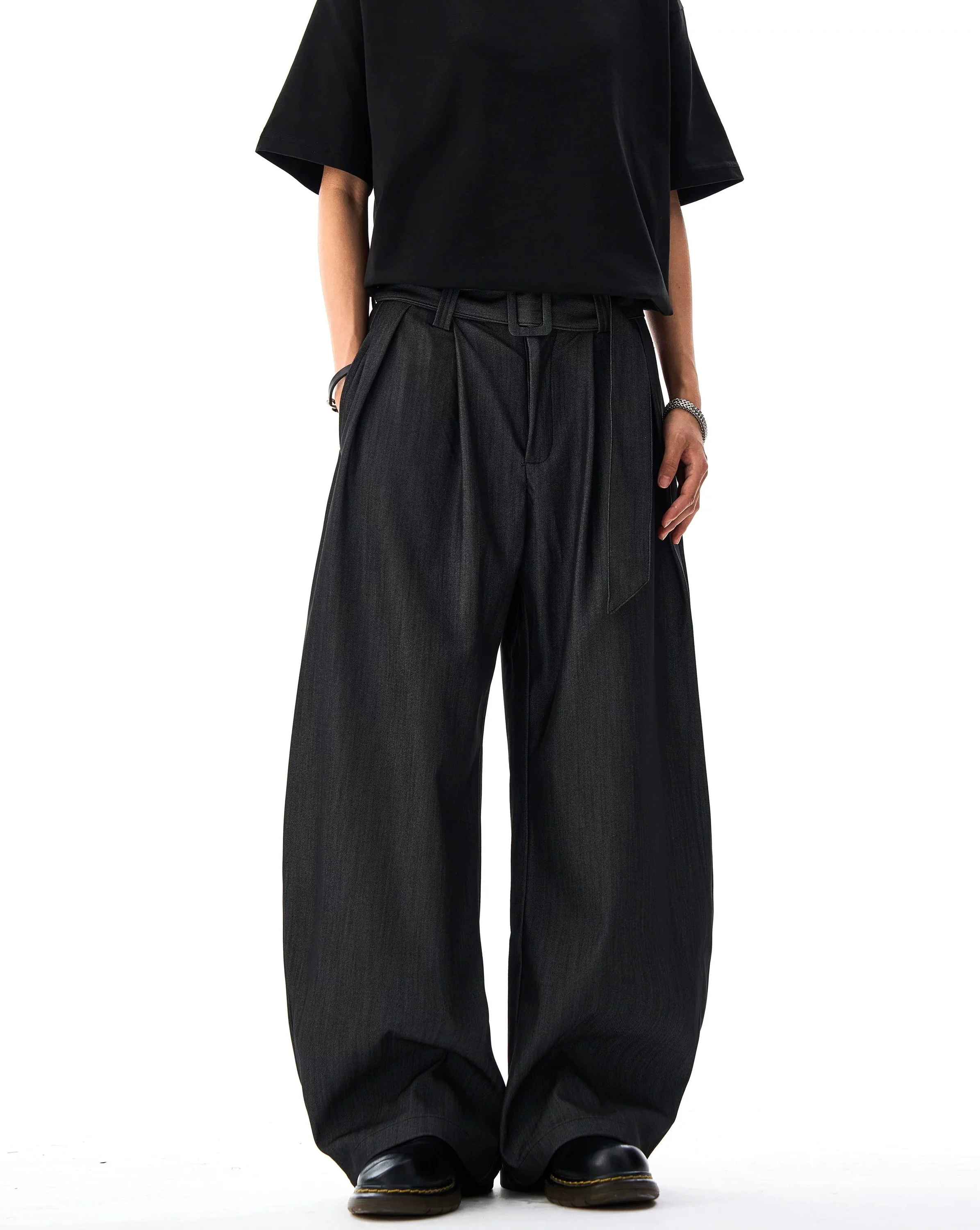 Wide Leg Pleated Belted Trousers with Subtle Sheen - Image 2