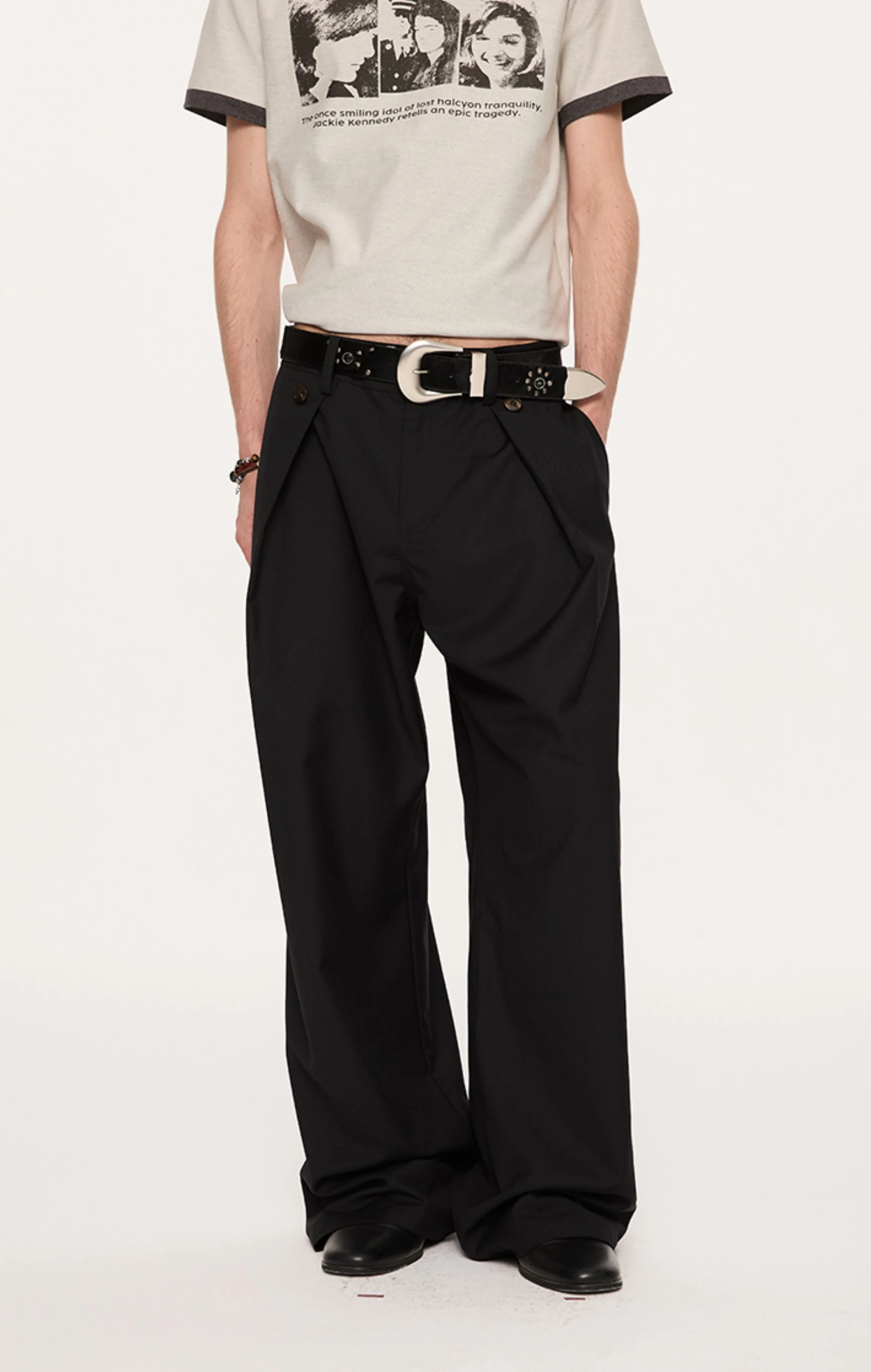 Wide Leg Pleated Pants with Side Overlay Button Panels - Image 2