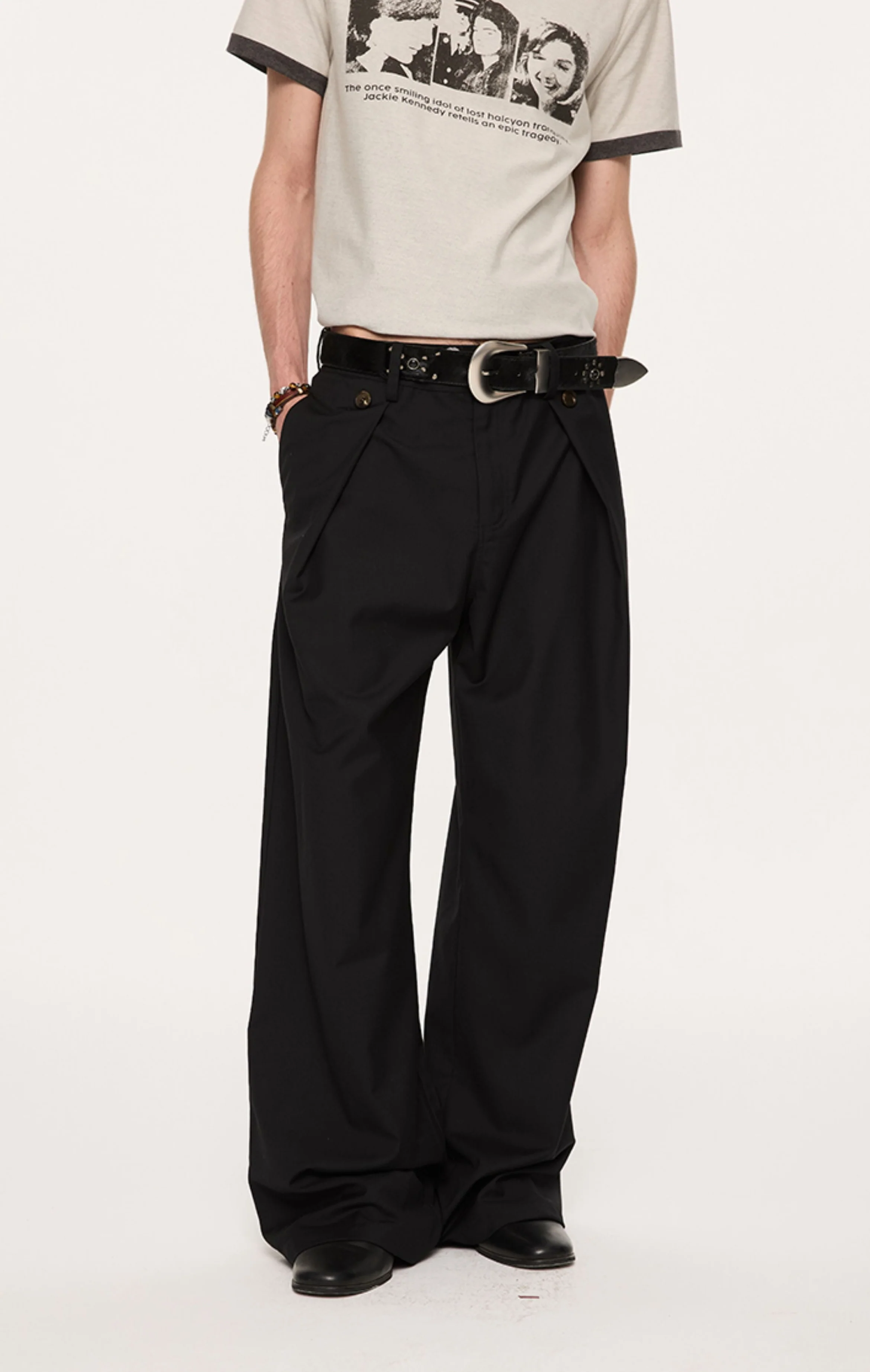 Wide Leg Pleated Pants with Side Overlay Button Panels - Image 3