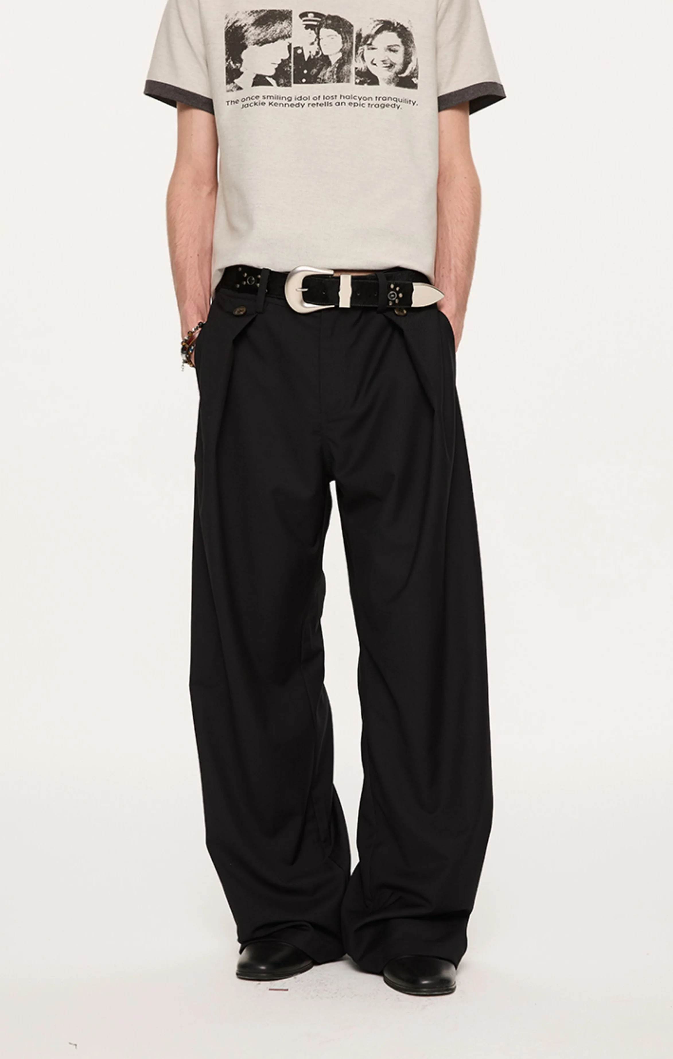 Wide Leg Pleated Pants with Side Overlay Button Panels - Image 4