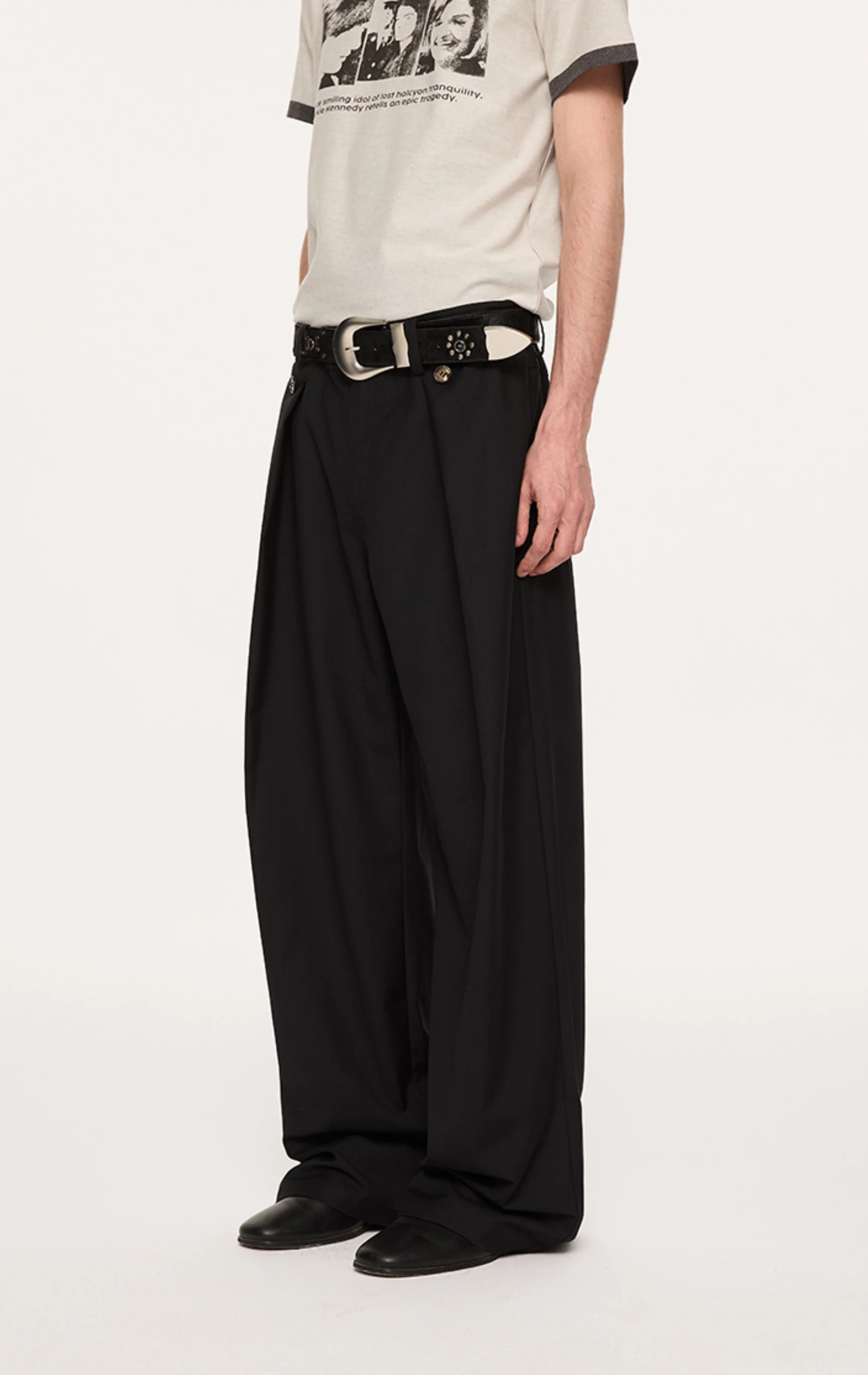 Wide Leg Pleated Pants with Side Overlay Button Panels - Image 5