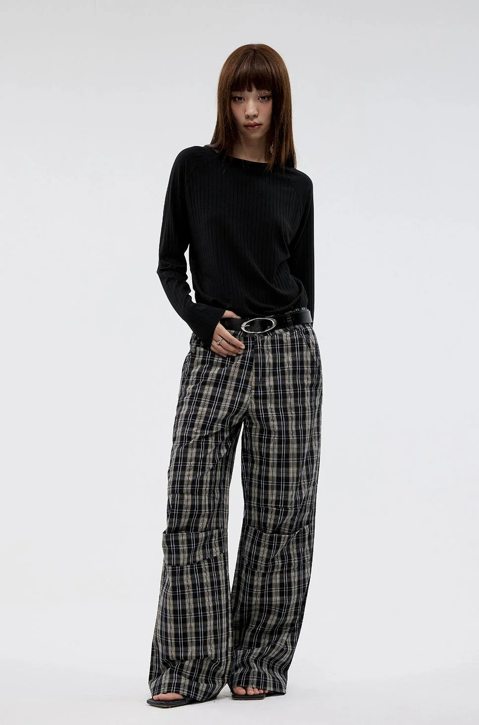 Wide Leg Pleated Plaid Trousers - Image 10
