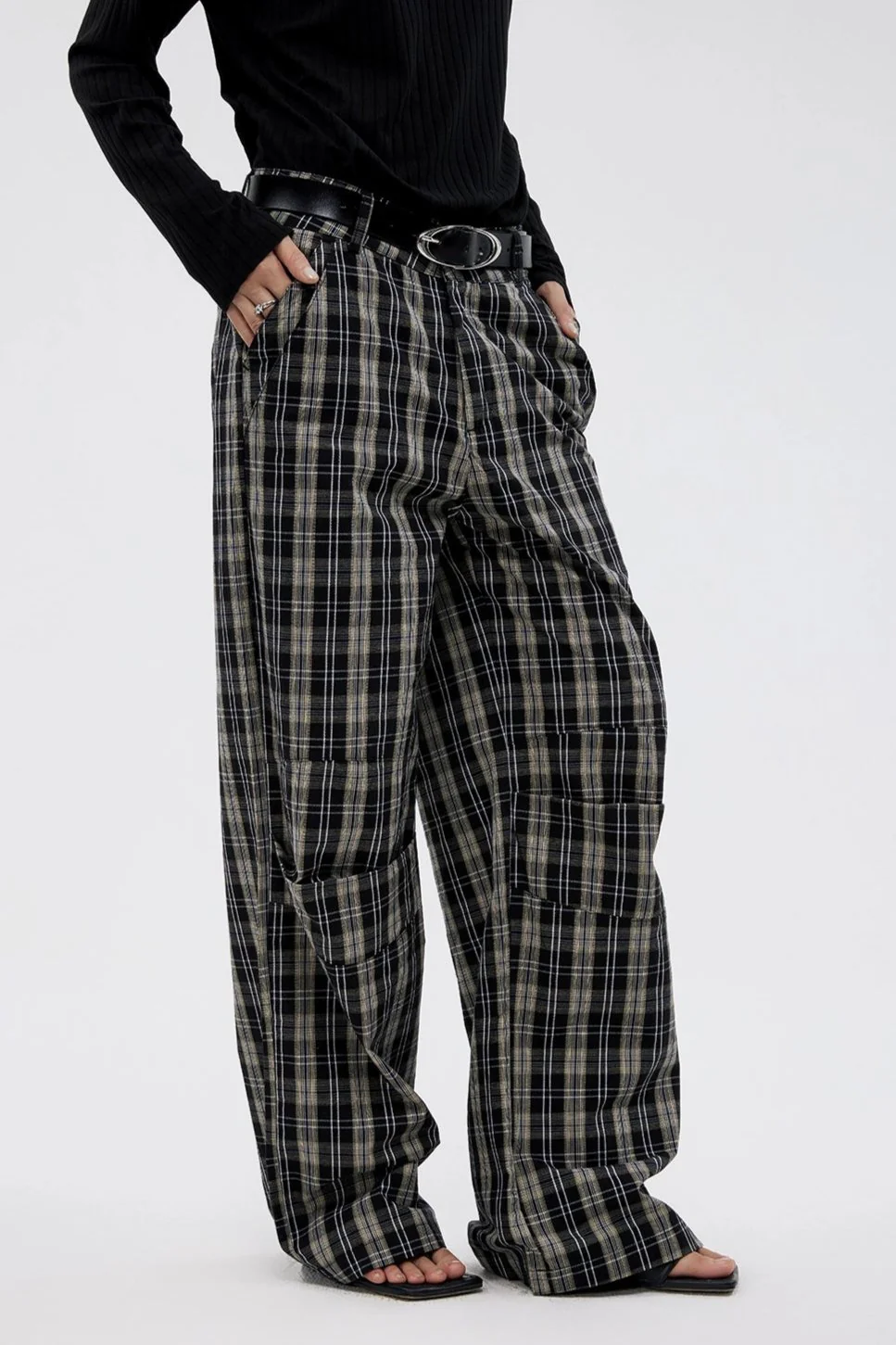 Wide Leg Pleated Plaid Trousers - Image 3