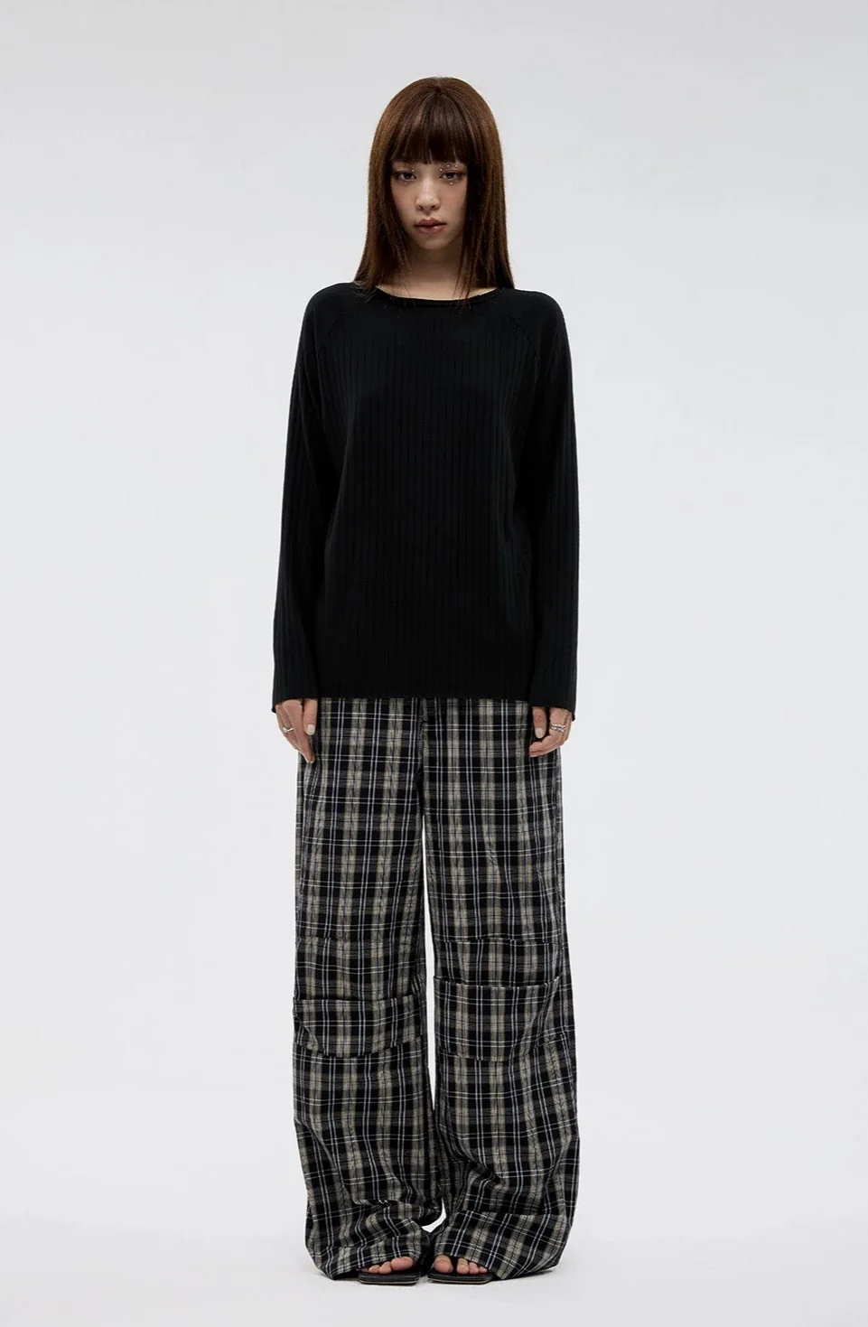 Wide Leg Pleated Plaid Trousers - Image 7
