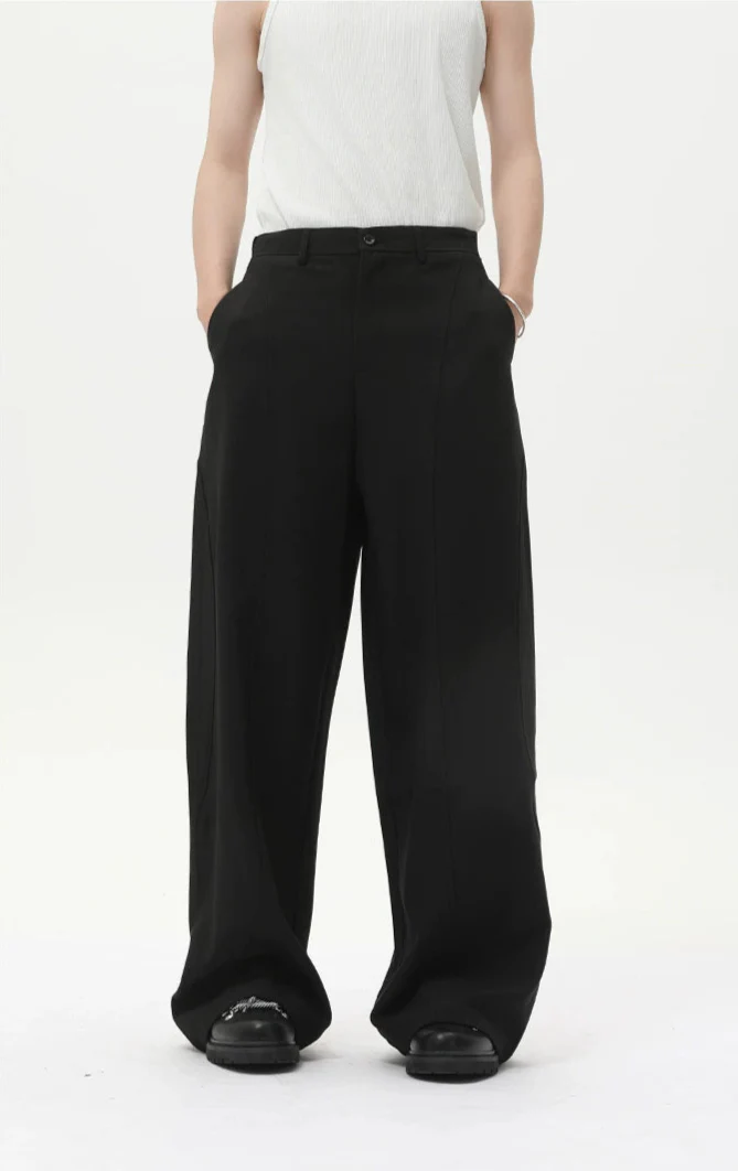 Wide Leg Pleated Tailored Trousers with Stitching Details