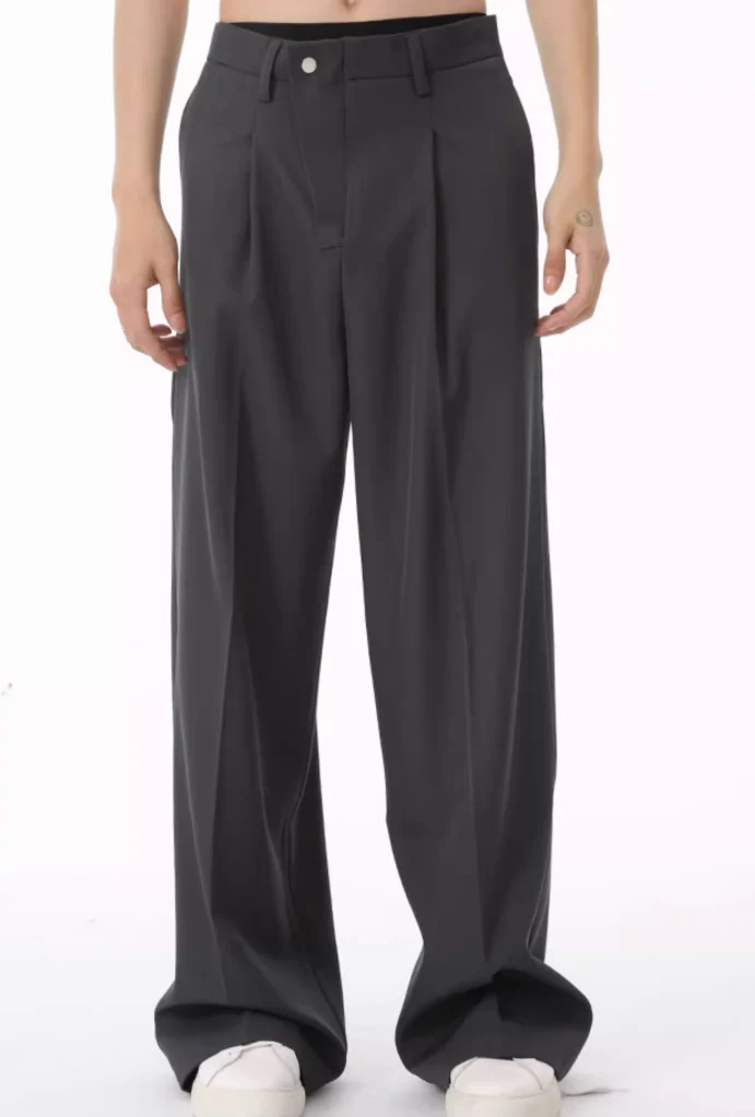 Wide Leg Pleated Trousers with Asymmetric Button Closure - Image 8