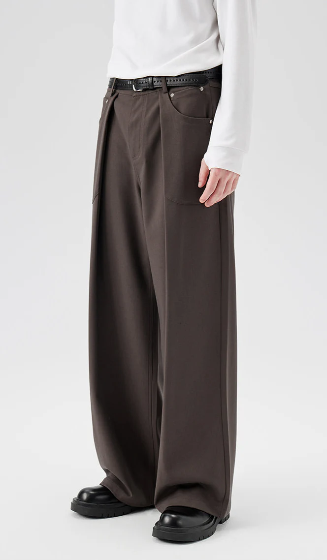 Wide Leg Pleated Trousers with Button Details - Image 3