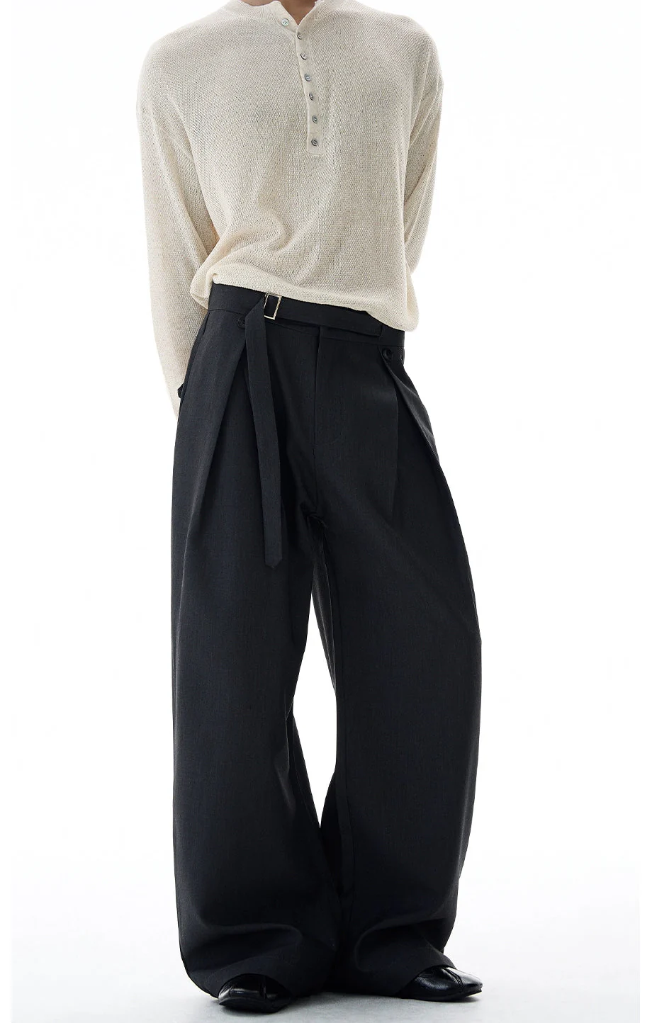 Wide-Leg Pleated Trousers With Wrap Waist Strap - Image 12