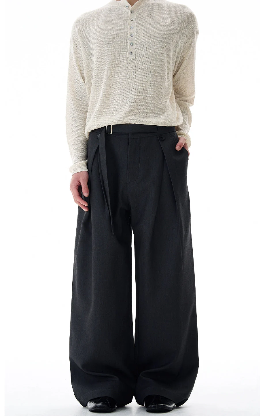 Wide-Leg Pleated Trousers With Wrap Waist Strap - Image 9