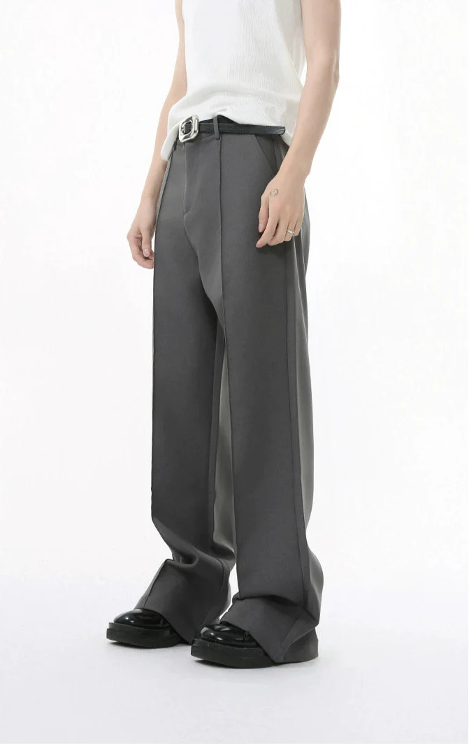 Wide Leg Semi-Flare Pleated Trousers with Stitching Details and Extended Hem - Image 3