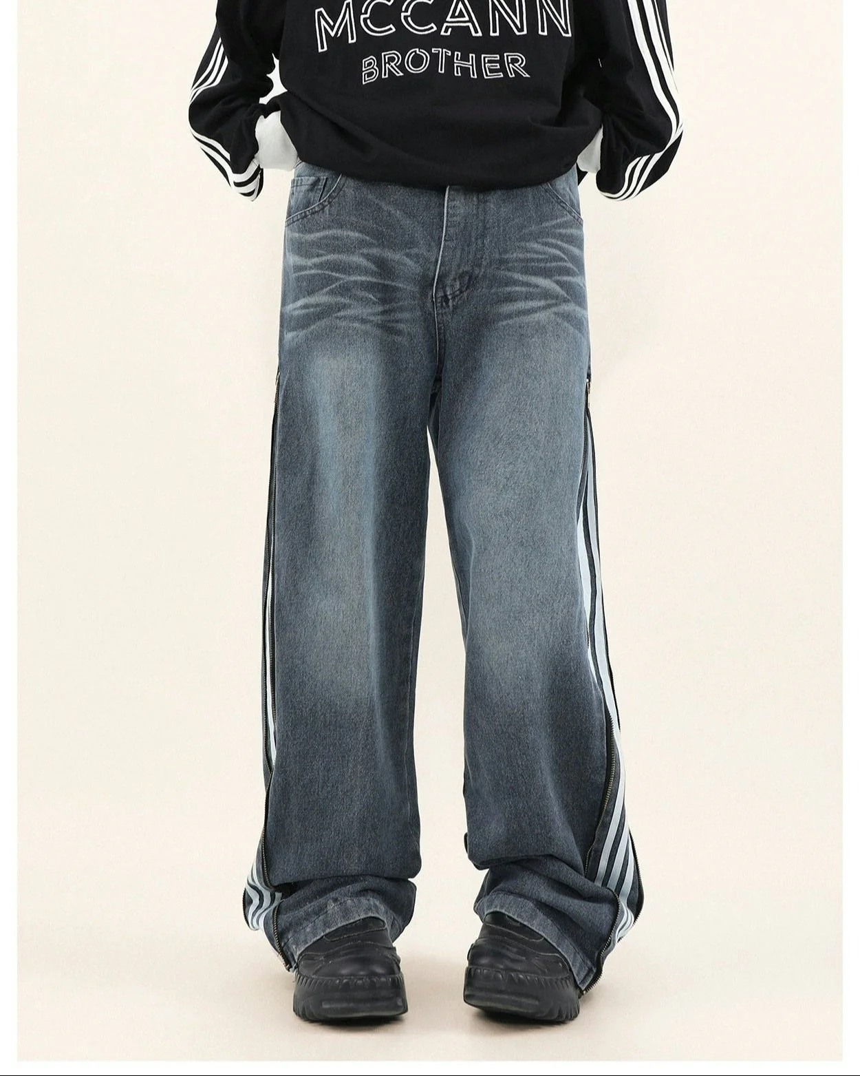 Wide-Leg Side Stripe Denim Zippered Jeans - Image 12