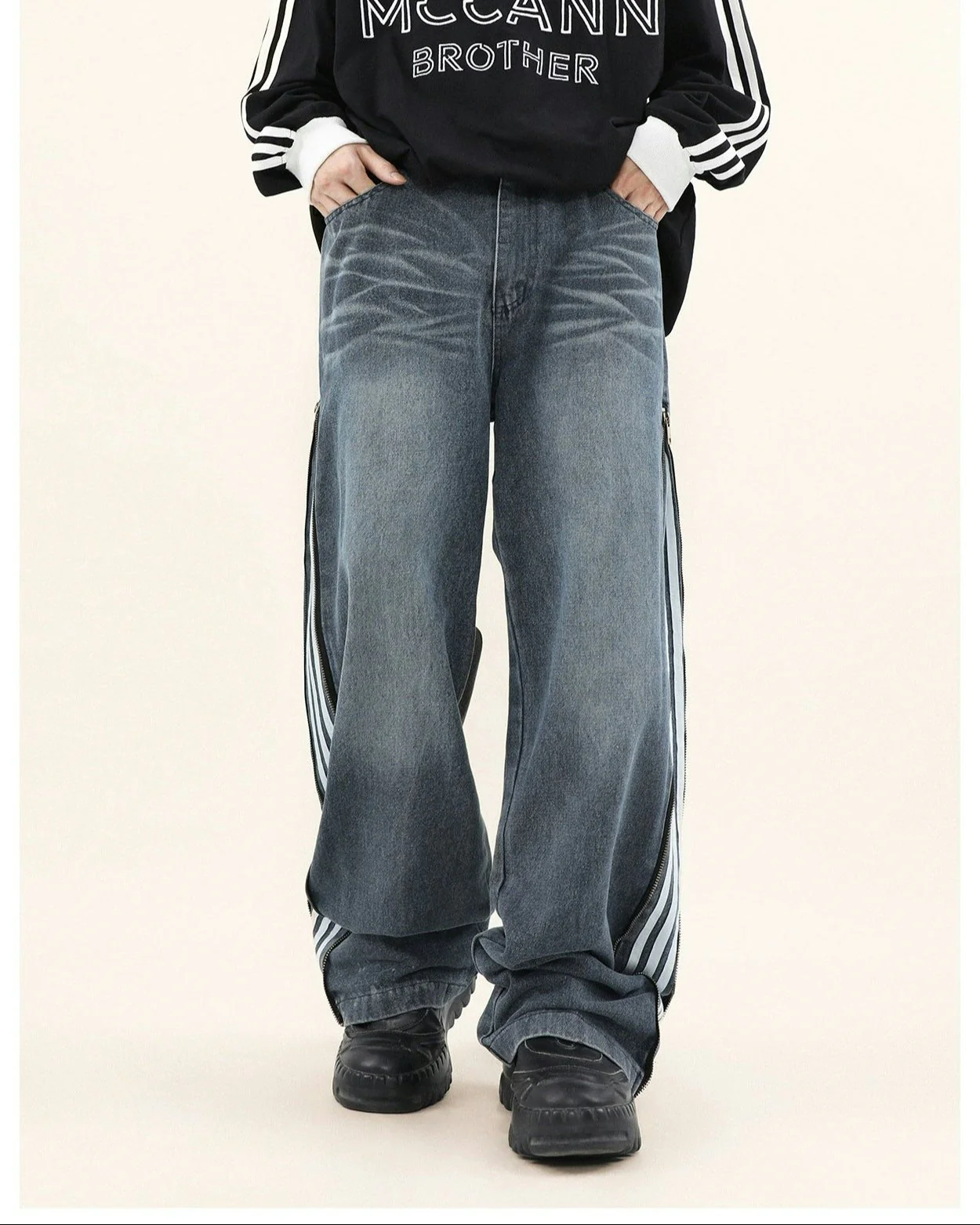 Wide-Leg Side Stripe Denim Zippered Jeans - Image 13