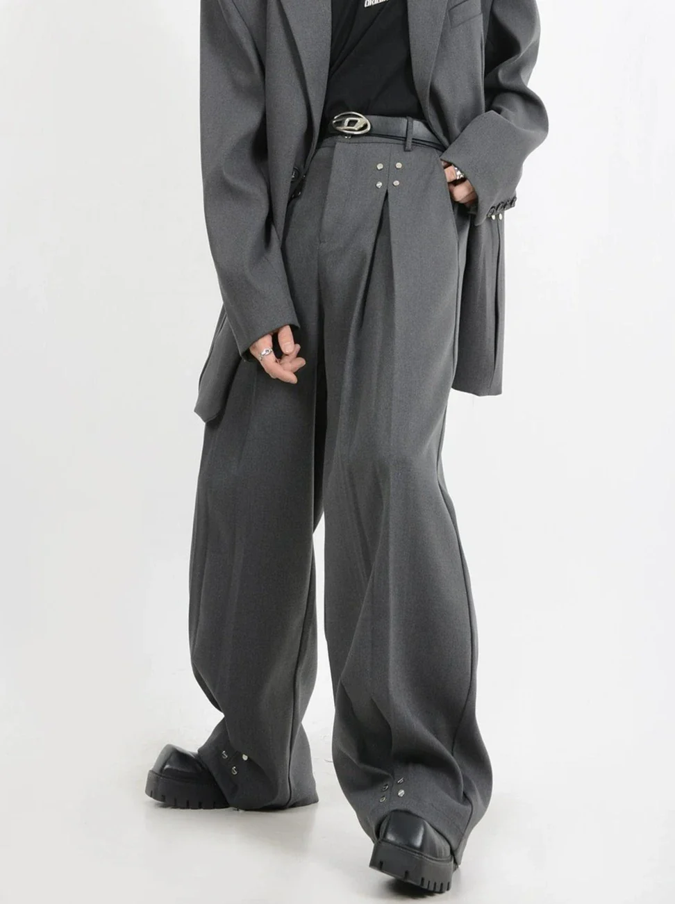 Wide-Leg Silver Accent Embellished Trousers - Image 10