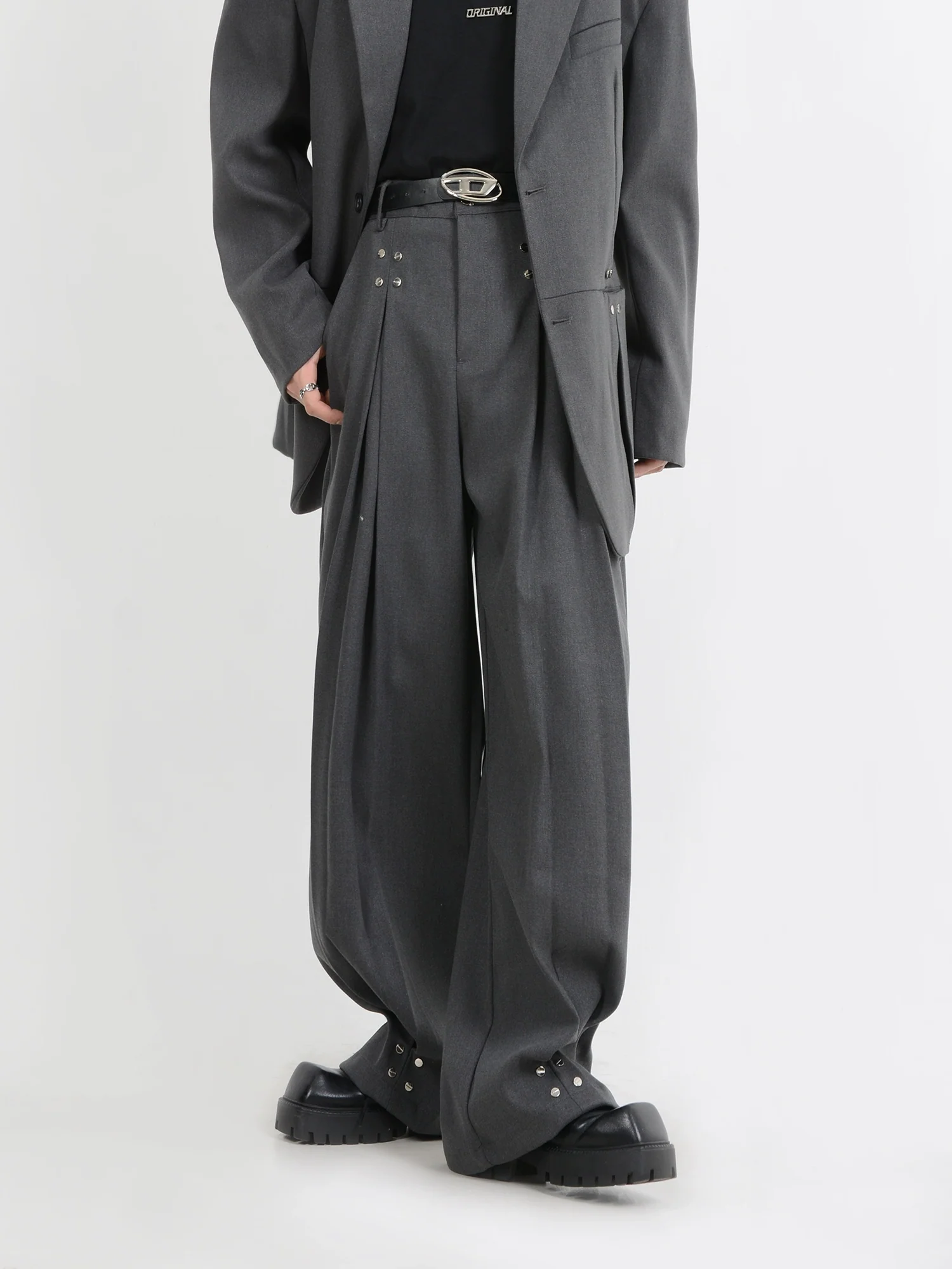 Wide-Leg Silver Accent Embellished Trousers - Image 11