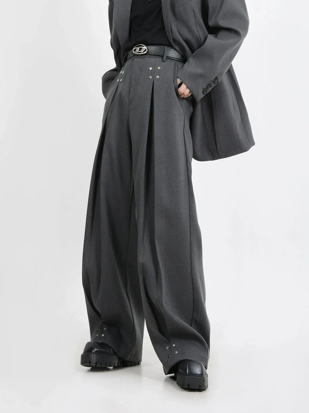 Wide-Leg Silver Accent Embellished Trousers - Image 12