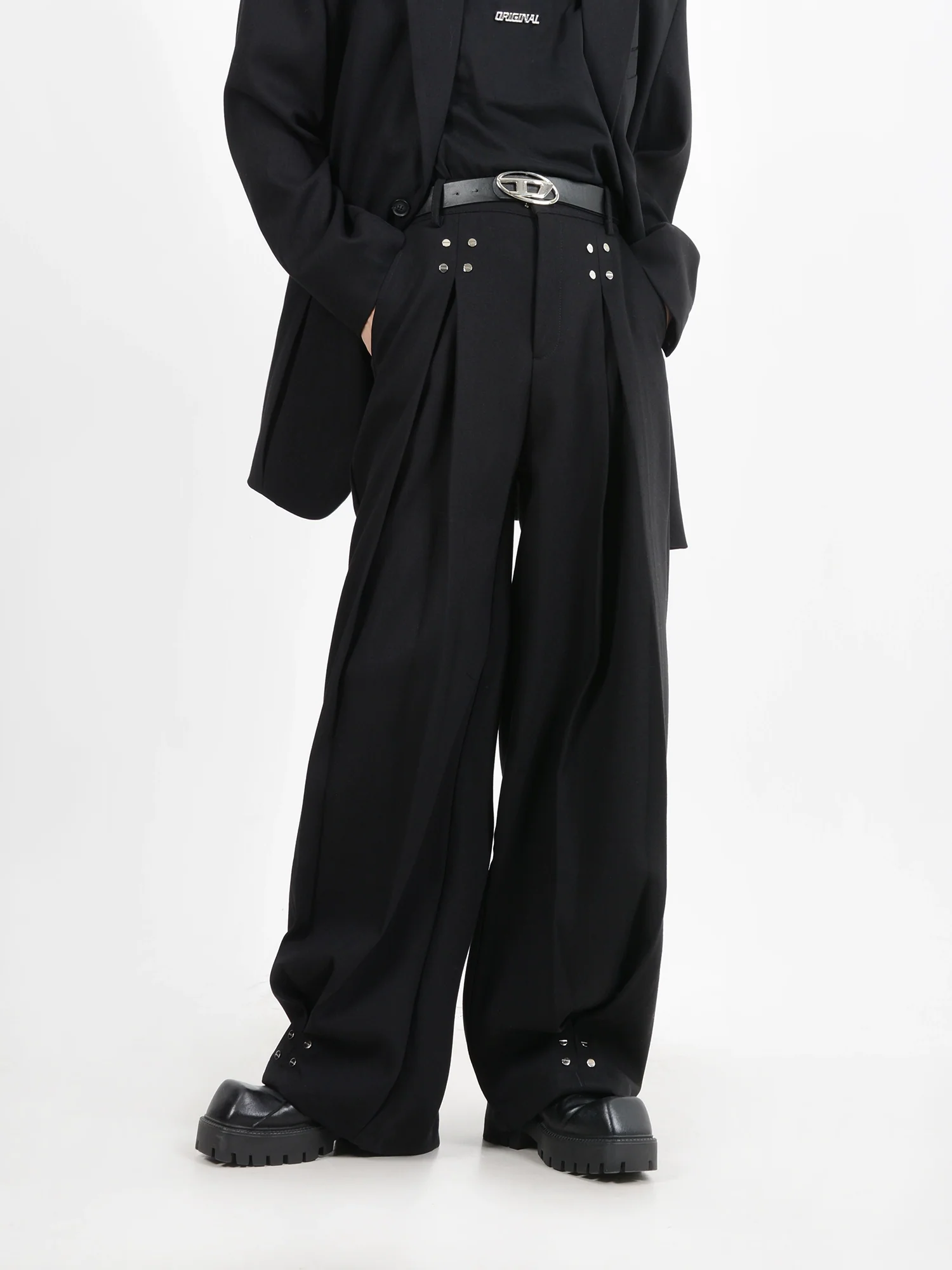 Wide-Leg Silver Accent Embellished Trousers - Image 3
