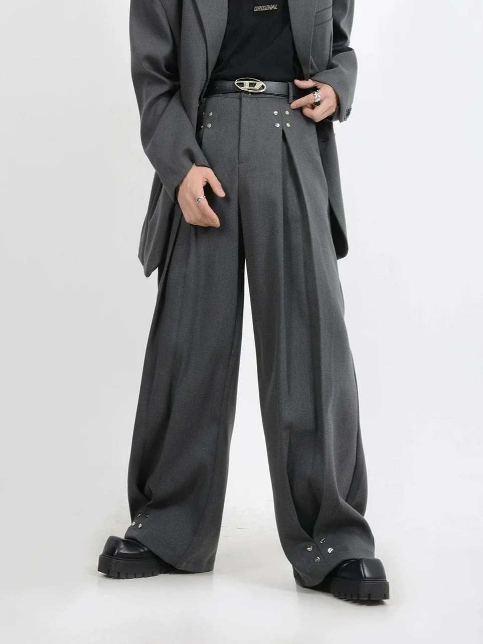 Wide-Leg Silver Accent Embellished Trousers - Image 8
