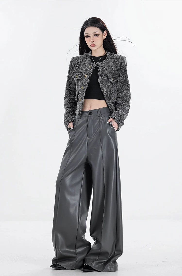Wide Leg Single-Pleat Faux Leather Pants - Image 11