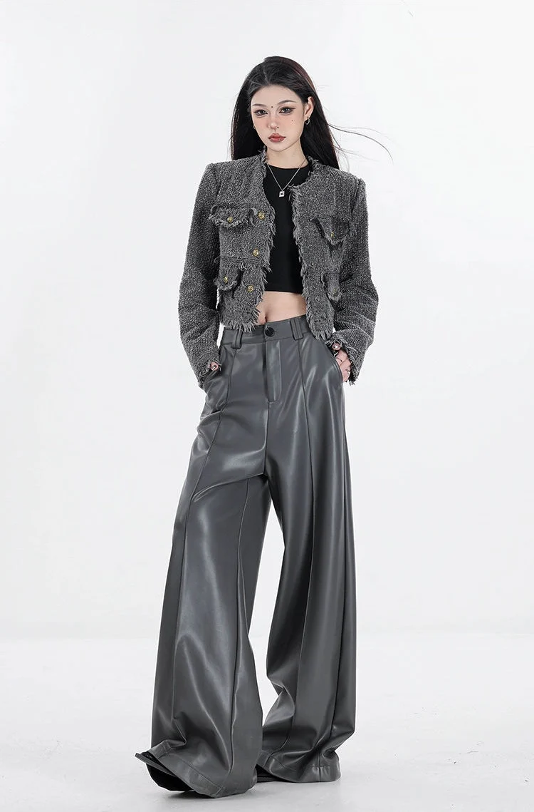 Wide Leg Single-Pleat Faux Leather Pants - Image 12
