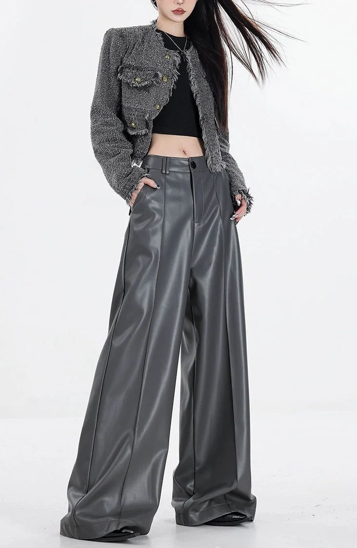 Wide Leg Single-Pleat Faux Leather Pants - Image 13