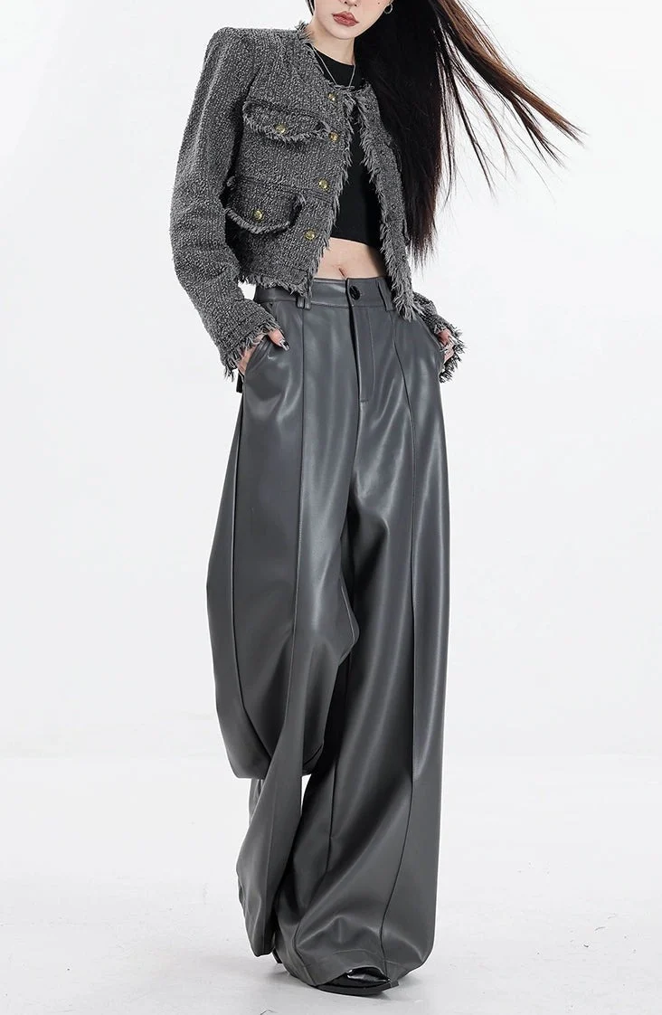 Wide Leg Single-Pleat Faux Leather Pants - Image 14