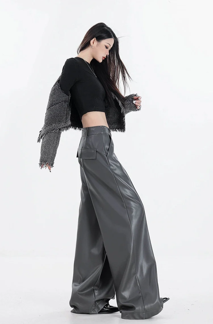 Wide Leg Single-Pleat Faux Leather Pants - Image 15