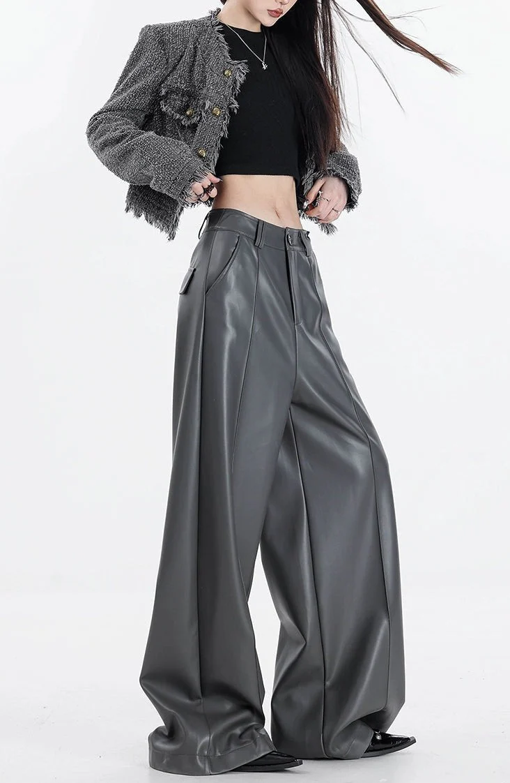 Wide Leg Single-Pleat Faux Leather Pants - Image 16