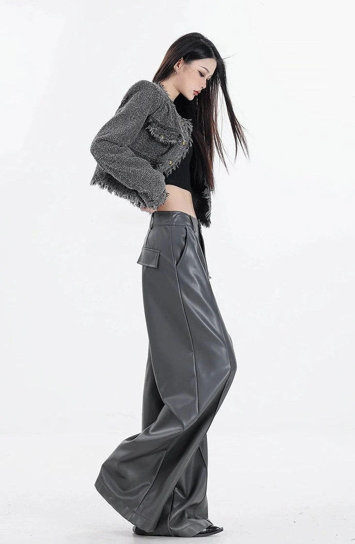 Wide Leg Single-Pleat Faux Leather Pants - Image 17
