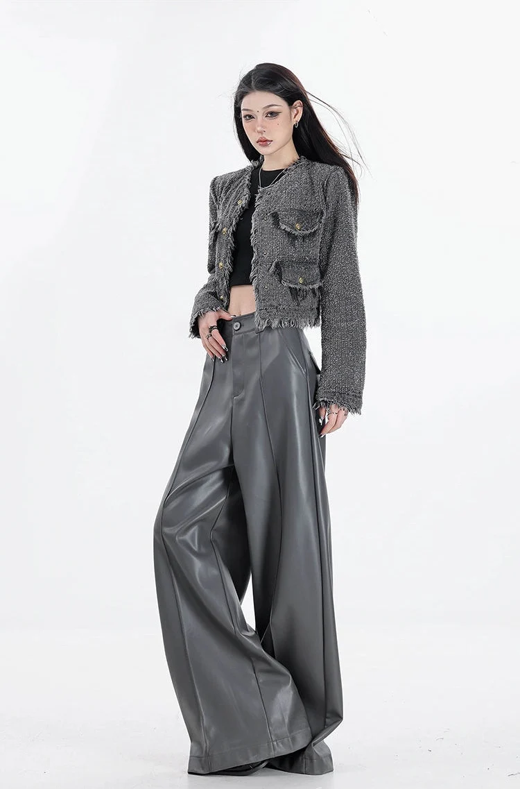 Wide Leg Single-Pleat Faux Leather Pants - Image 18