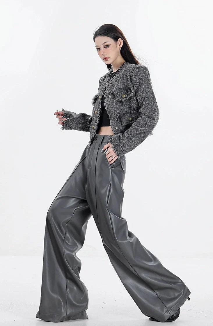 Wide Leg Single-Pleat Faux Leather Pants - Image 19